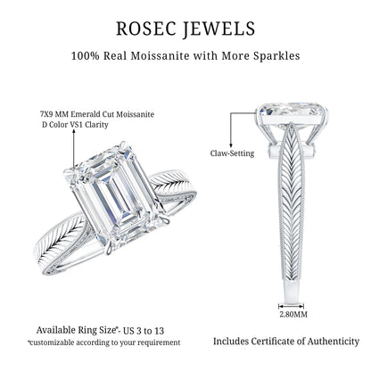 2.8 Carat Emerald Cut Certified Moissanite Vintage Inspired Engagement Ring