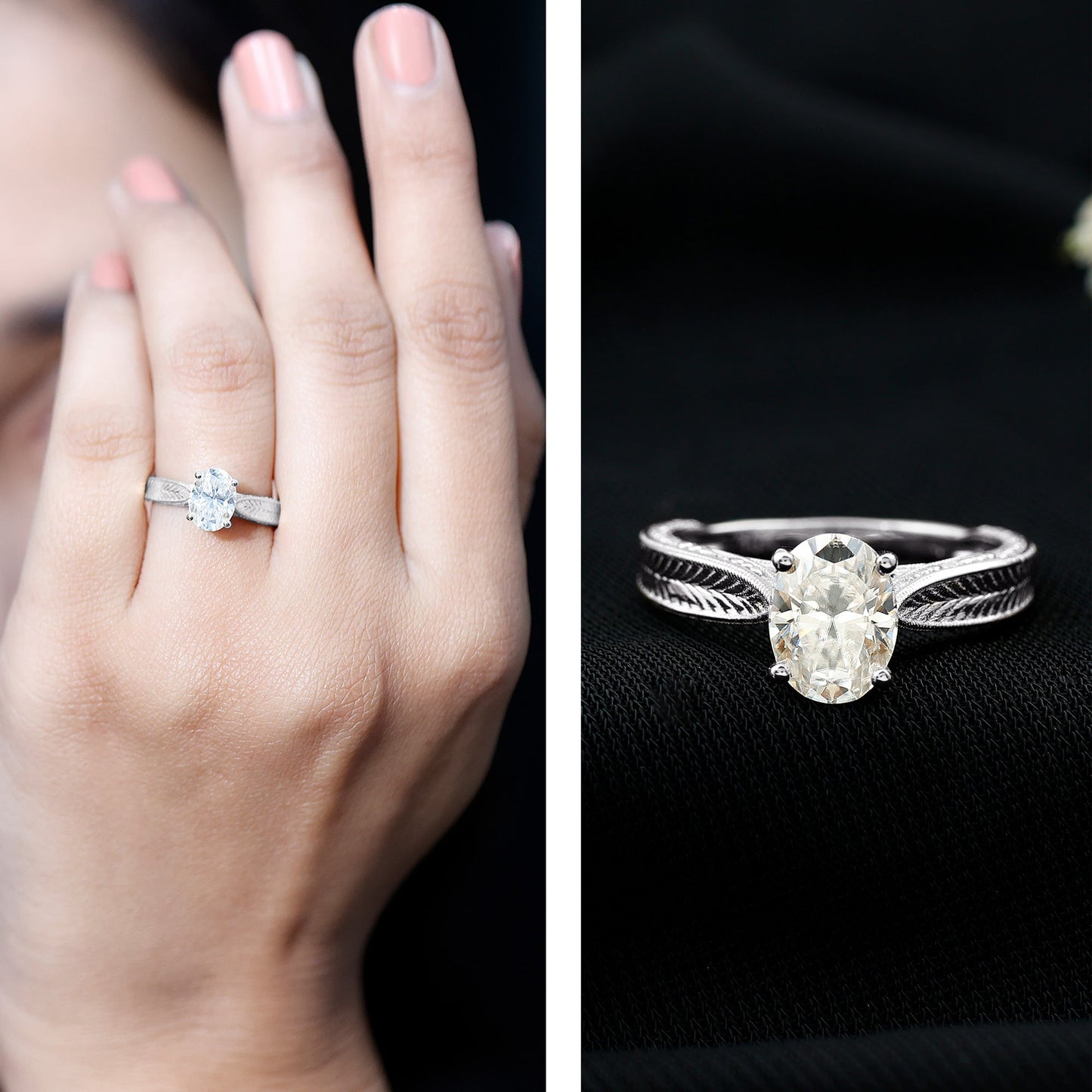 1 Carat Solitaire Moissanite Oval Engagement Ring with Engraving