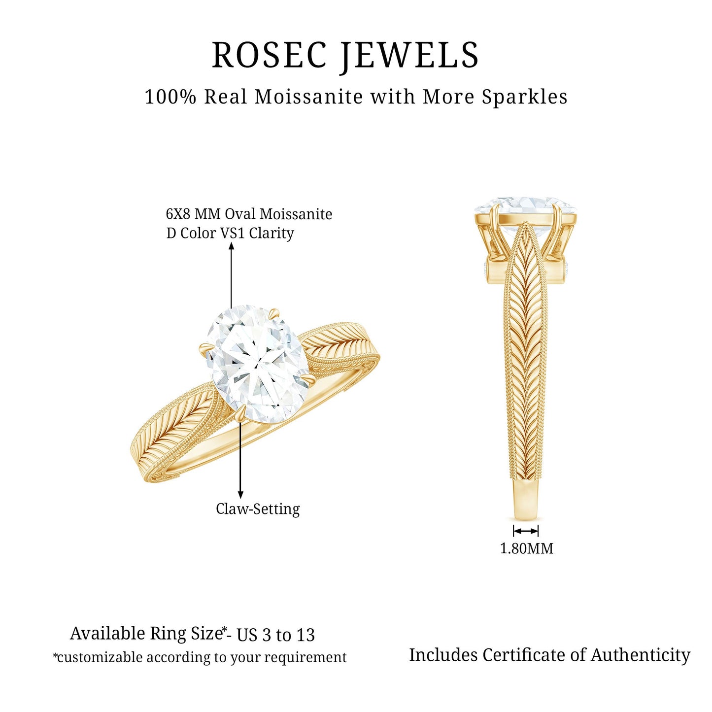 1 Carat Solitaire Moissanite Oval Engagement Ring with Engraving