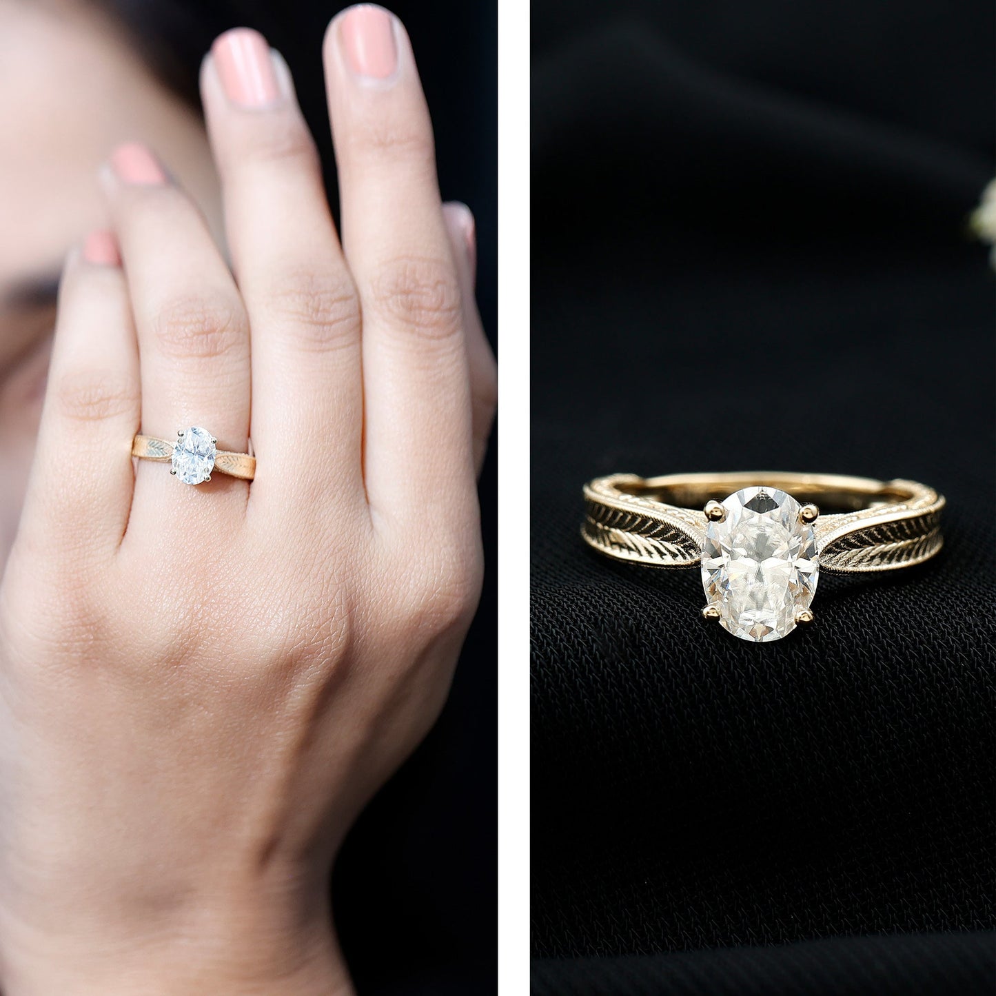 1 Carat Solitaire Moissanite Oval Engagement Ring with Engraving