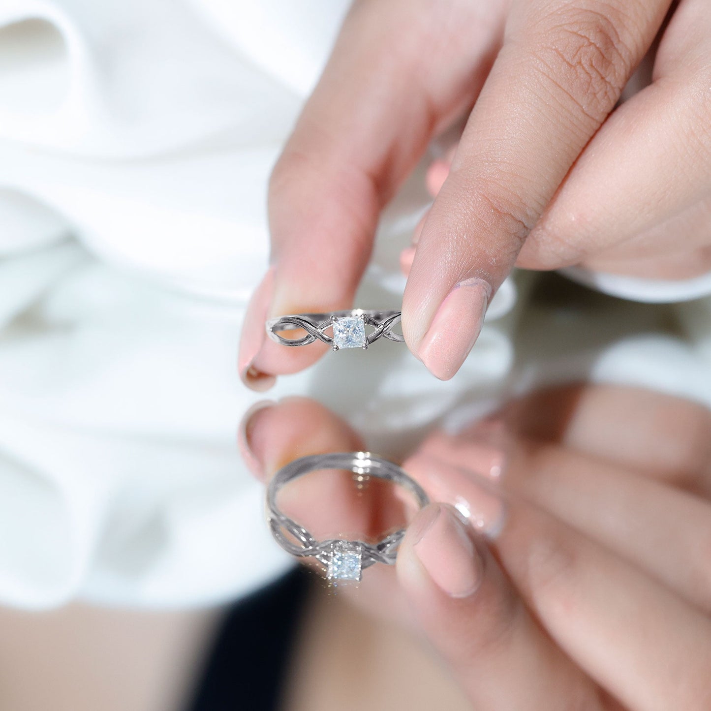 Princess Cut Moissanite Solitaire Crossover Ring for Women
