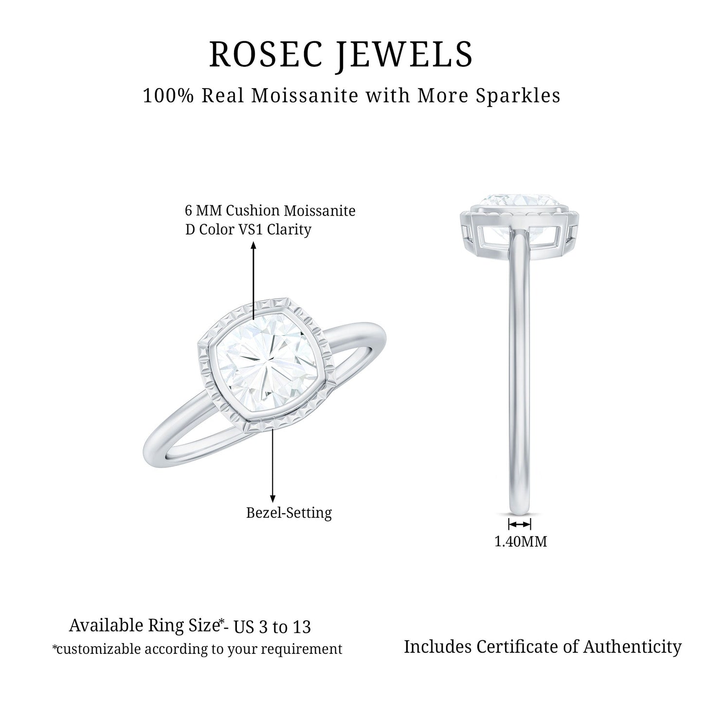 1.7 Carat Cushion Cut Moissanite Solitaire Ring in Bezel Setting