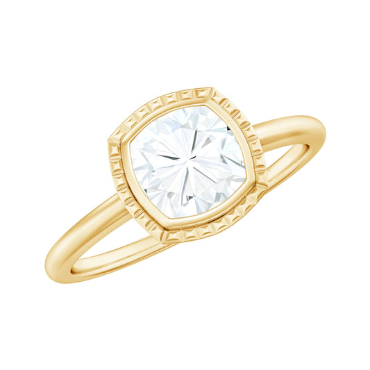 1.7 Carat Cushion Cut Moissanite Solitaire Ring in Bezel Setting