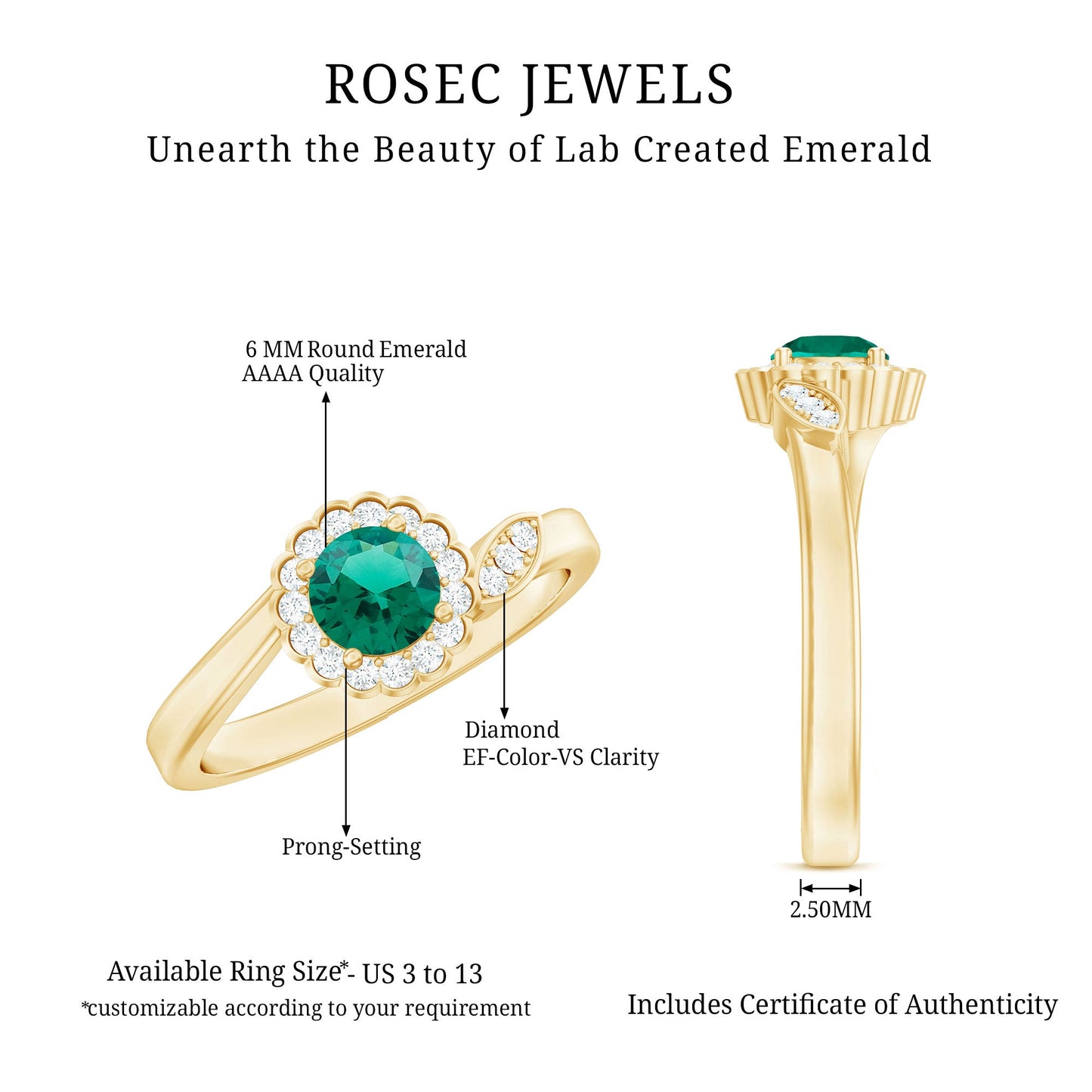 Nature Inspired Lab Grown Emerald Promise Ring with Diamond Halo