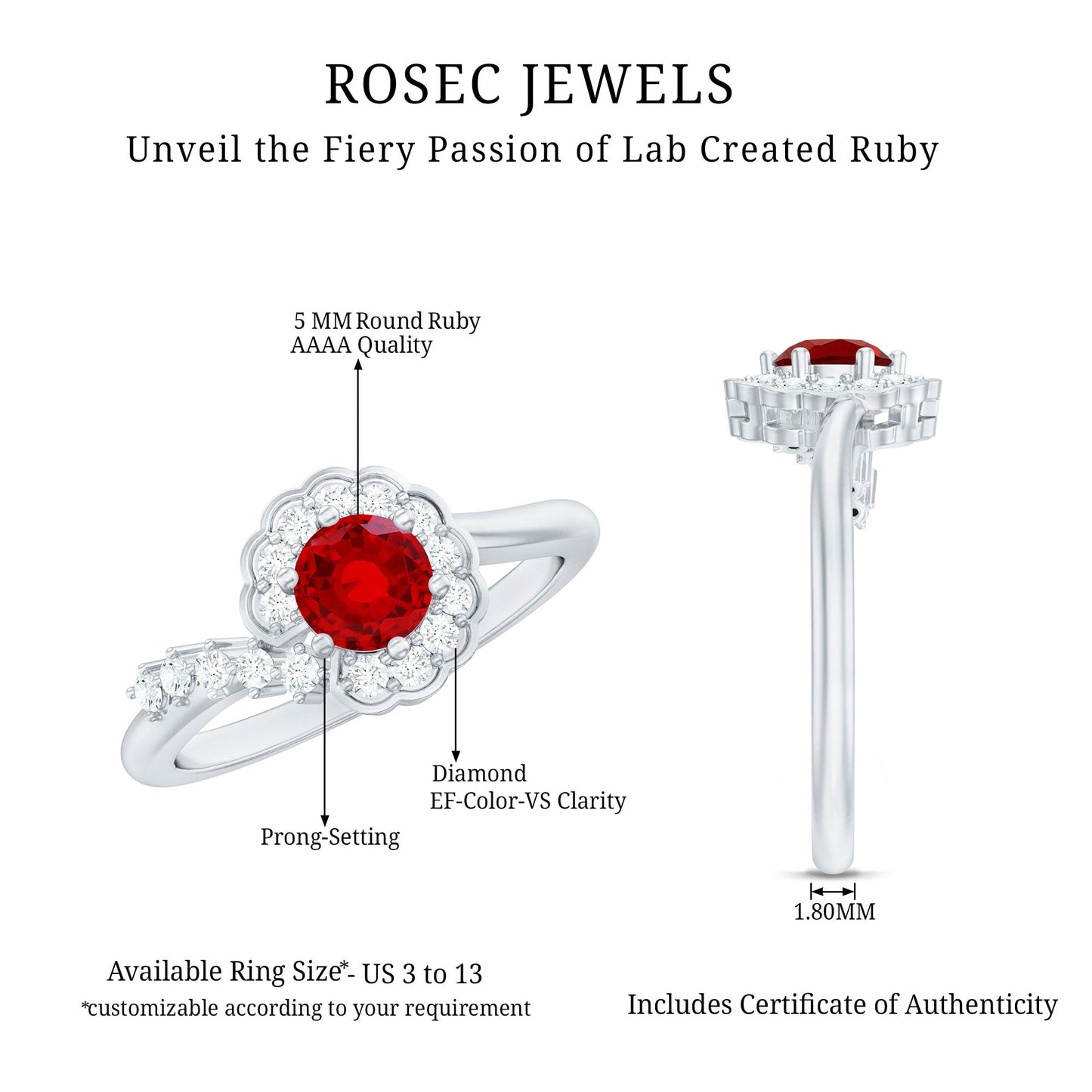 Certified Lab Created Ruby and Diamond Flower Engagement Ring