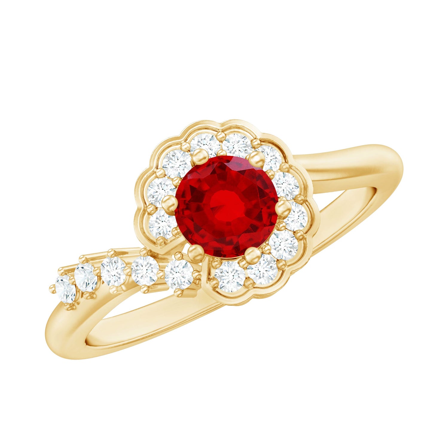 Certified Lab Created Ruby and Diamond Flower Engagement Ring