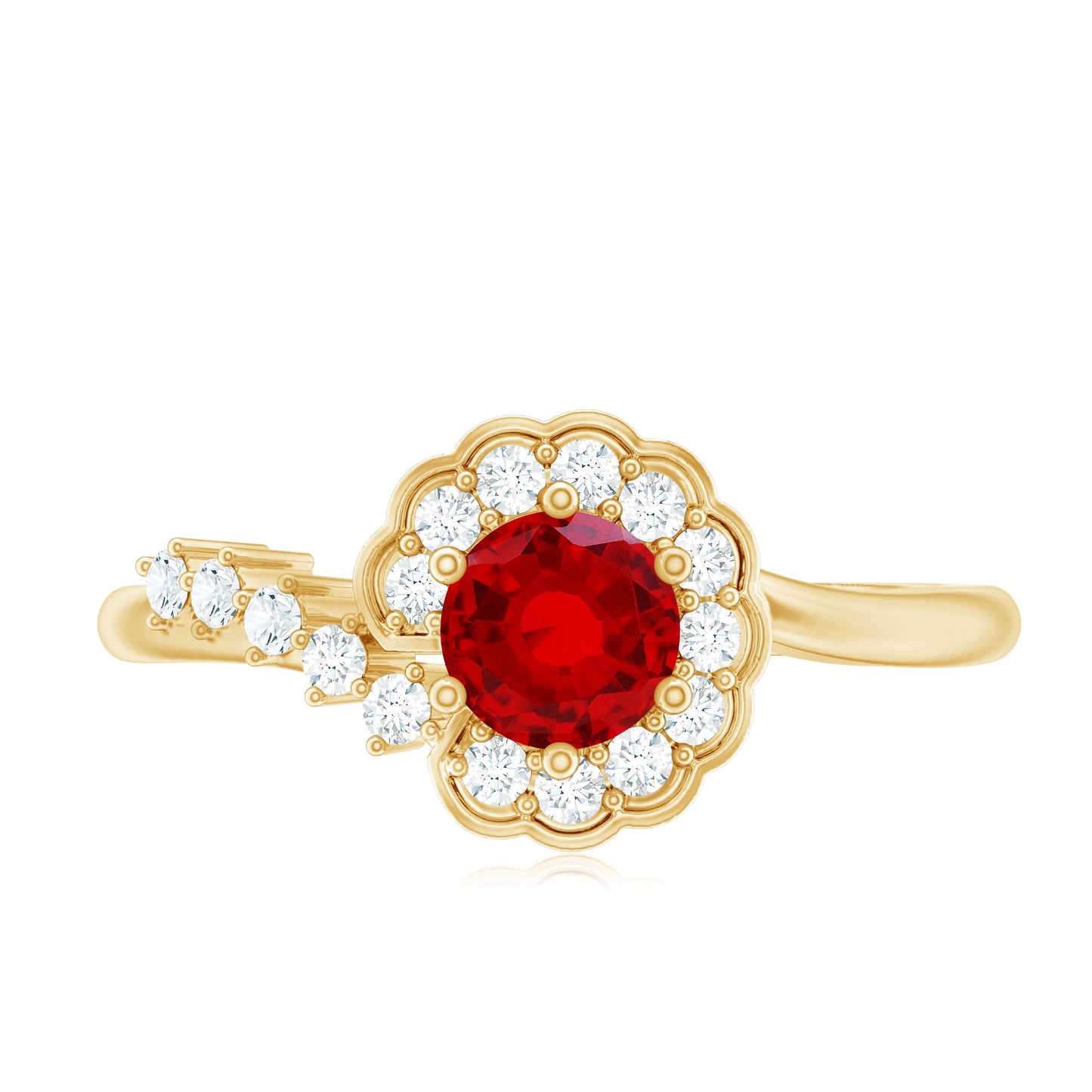 Certified Lab Created Ruby and Diamond Flower Engagement Ring