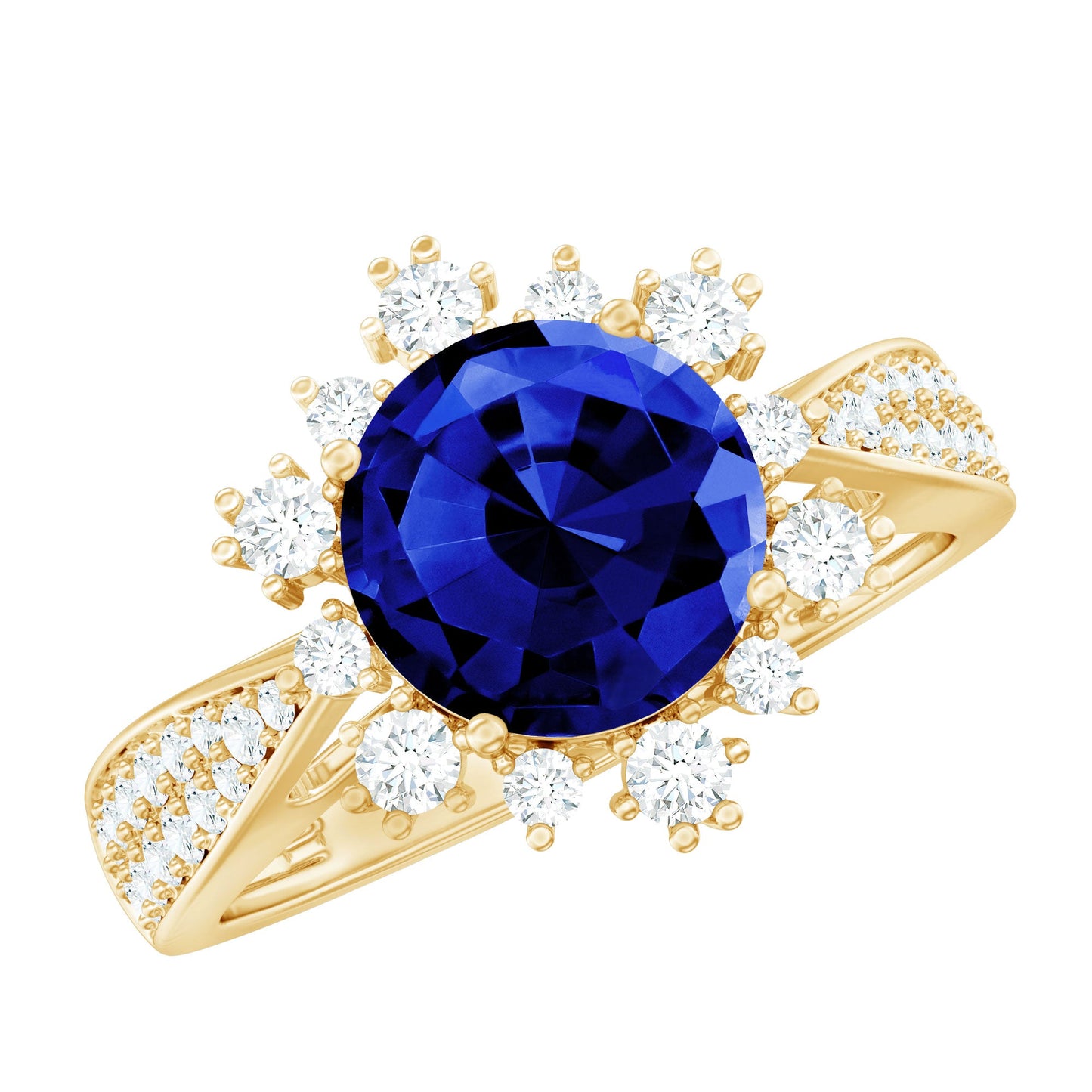 Lab Grown Blue Sapphire Round Engagement Ring with Diamond Accent