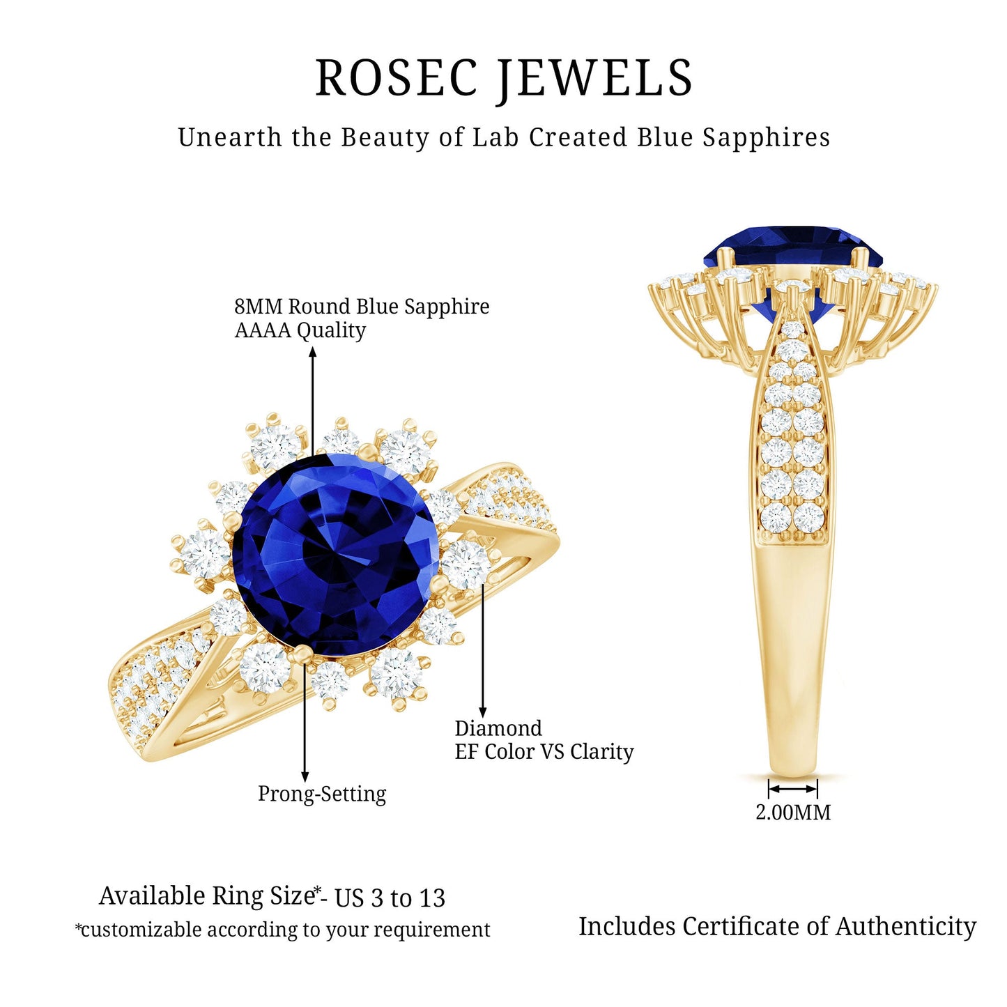 Lab Grown Blue Sapphire Round Engagement Ring with Diamond Accent
