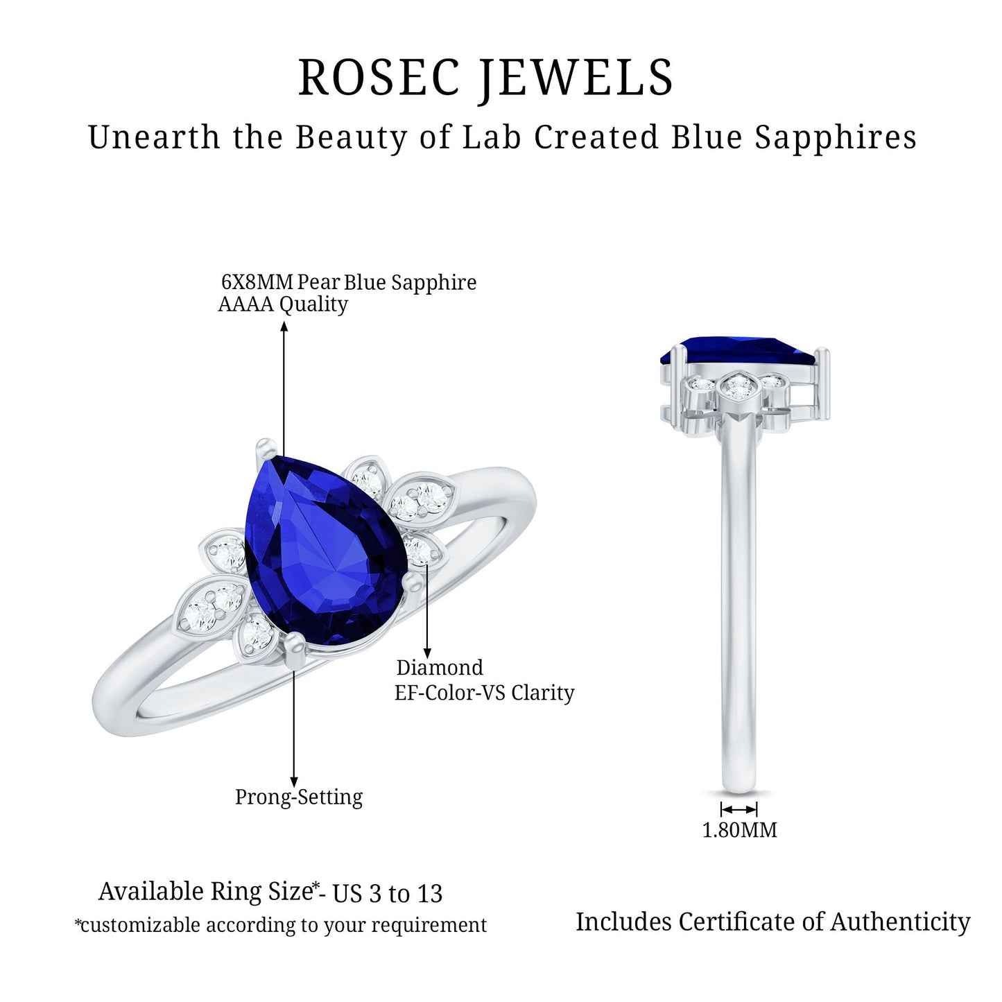 Certified Lab Grown Blue Sapphire Teardrop Engagement Ring with Diamonds