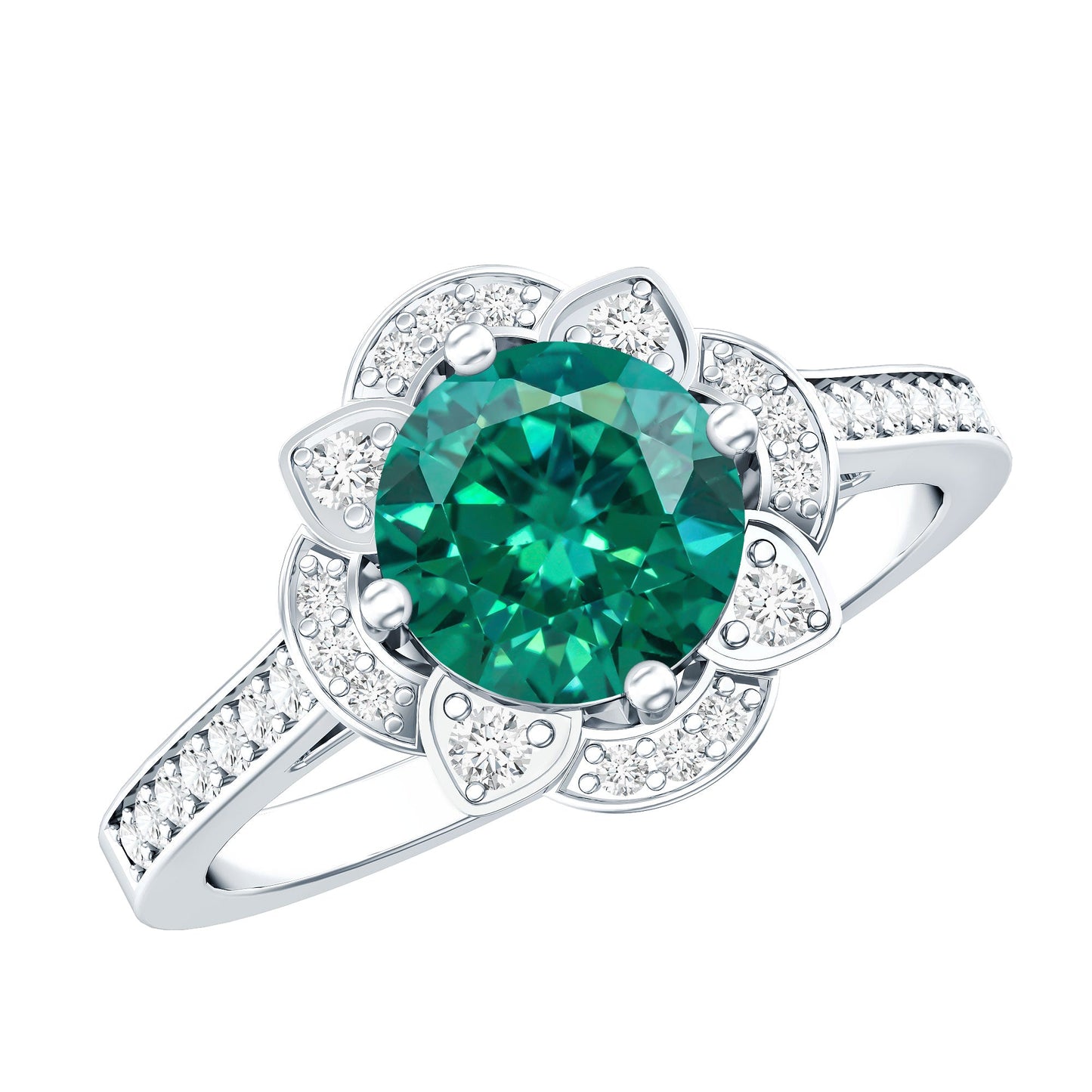 2 Carat Lab Grown Emerald Vintage Inspired Engagement Ring with Diamond