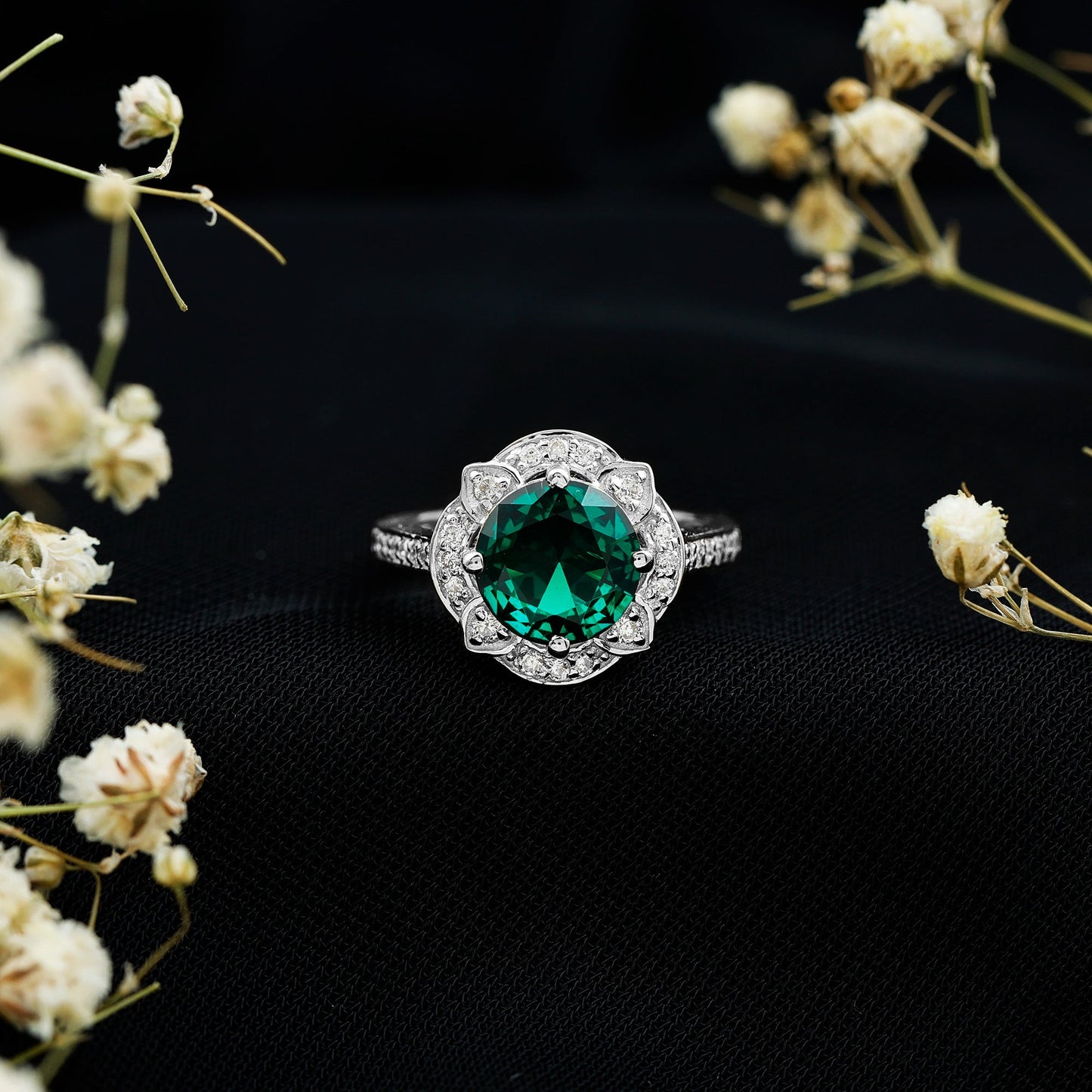 2 Carat Lab Grown Emerald Vintage Inspired Engagement Ring with Diamond