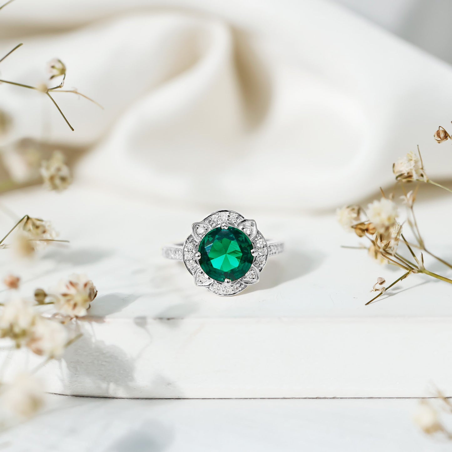 2 Carat Lab Grown Emerald Vintage Inspired Engagement Ring with Diamond