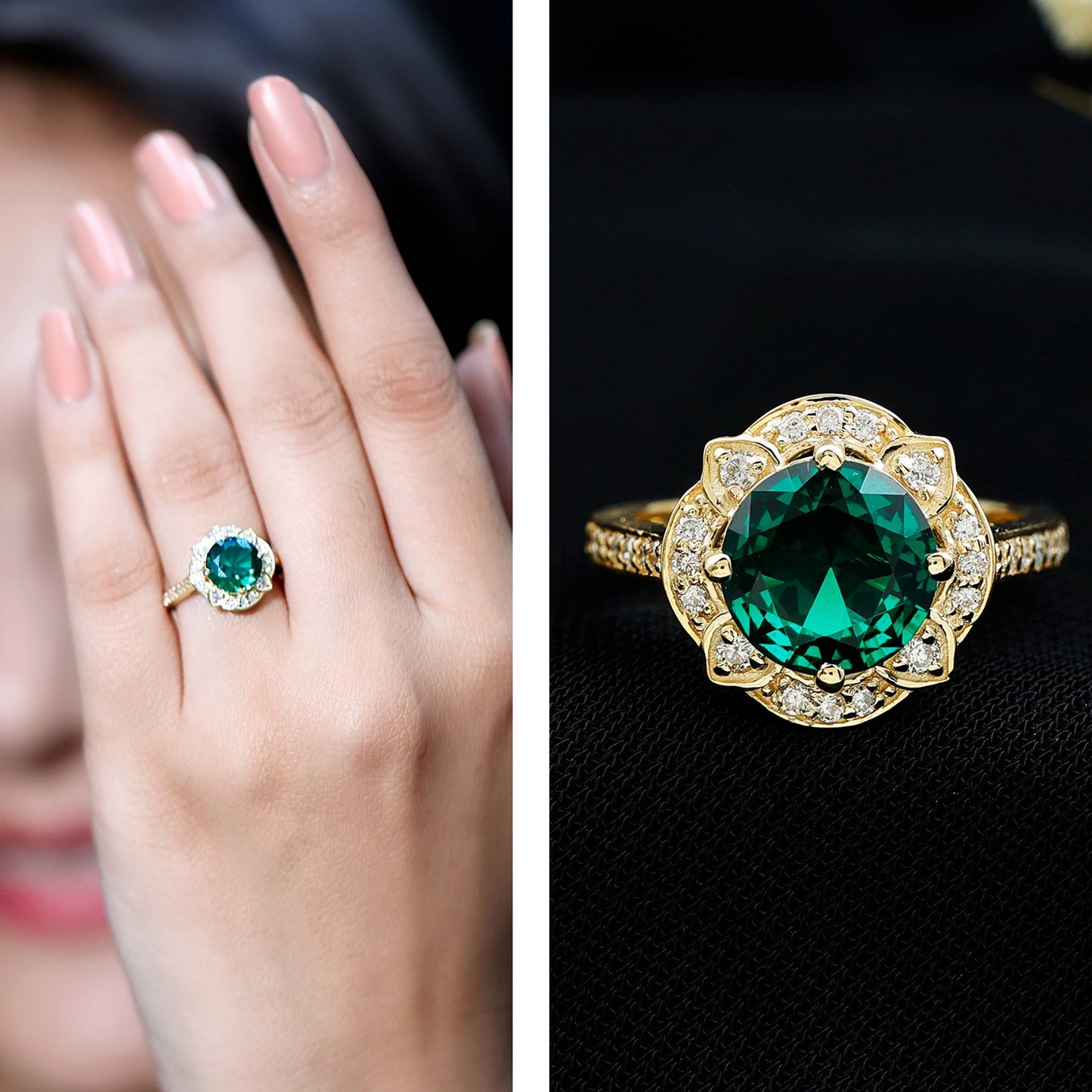2 Carat Lab Grown Emerald Vintage Inspired Engagement Ring with Diamond
