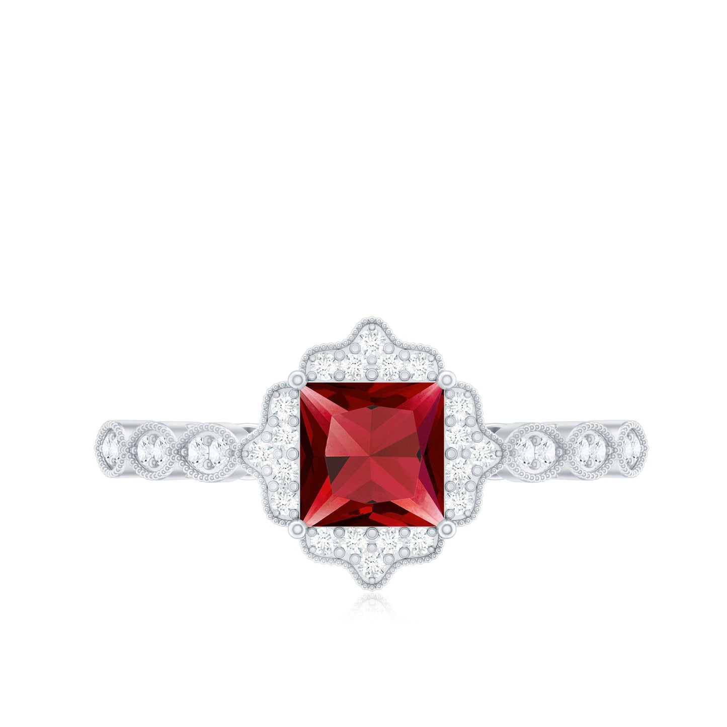 Certified Lab Created Ruby Square Cut Engagement Ring with Diamonds