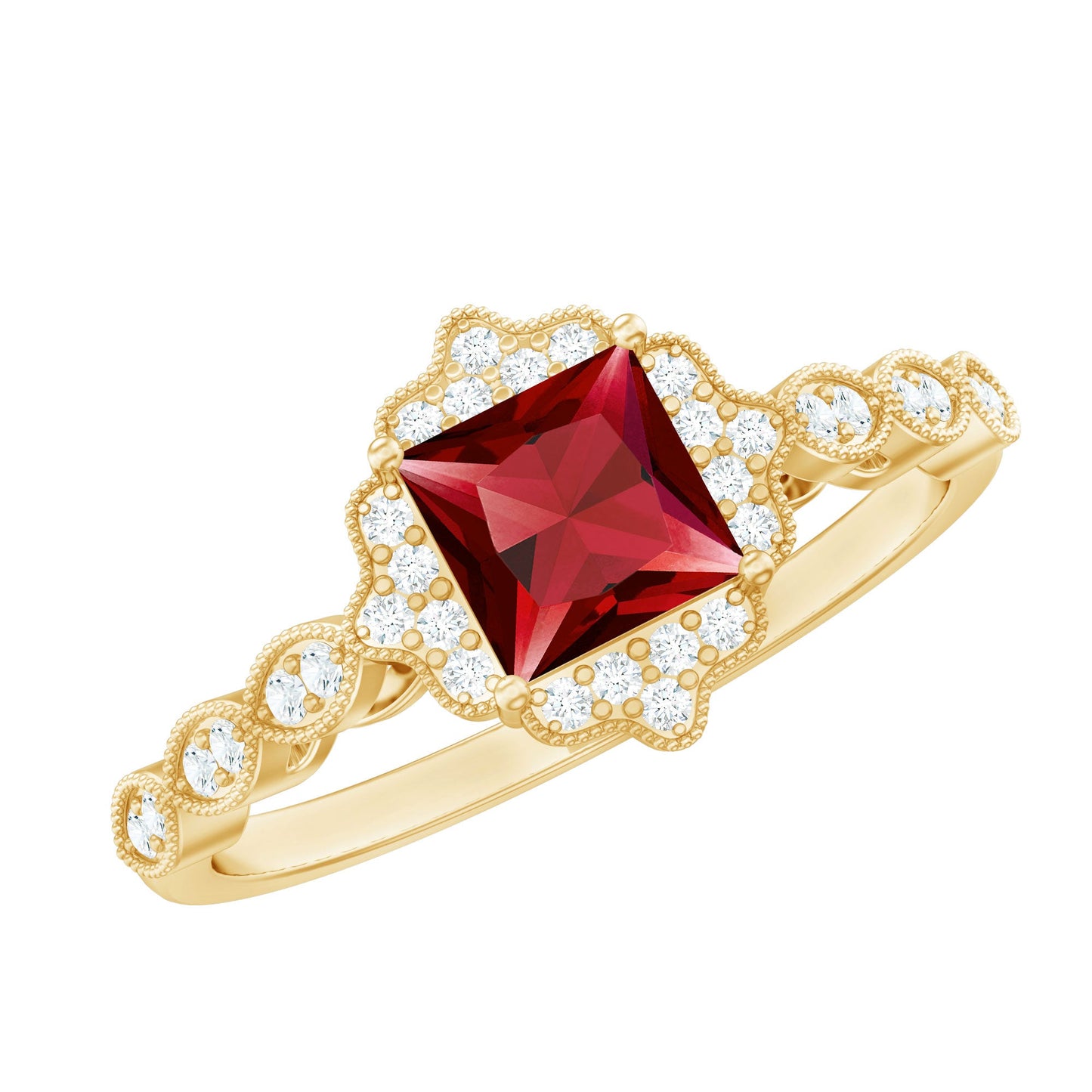 Certified Lab Created Ruby Square Cut Engagement Ring with Diamonds