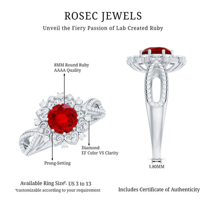 Lab Grown Ruby and Diamond Antique Looking Engagement Ring For Women