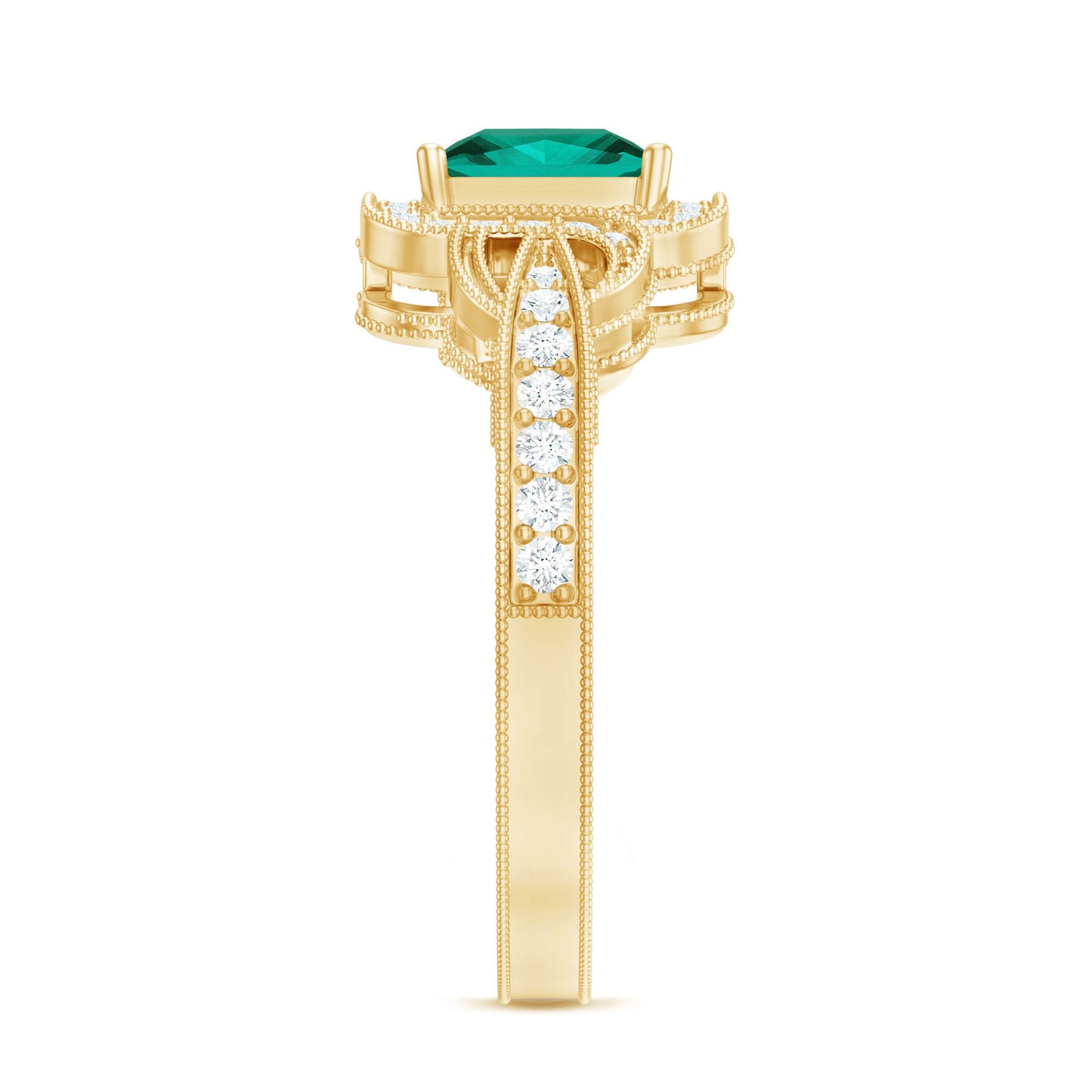 Lab Grown Emerald Vintage Inspired Engagement Ring with Diamond