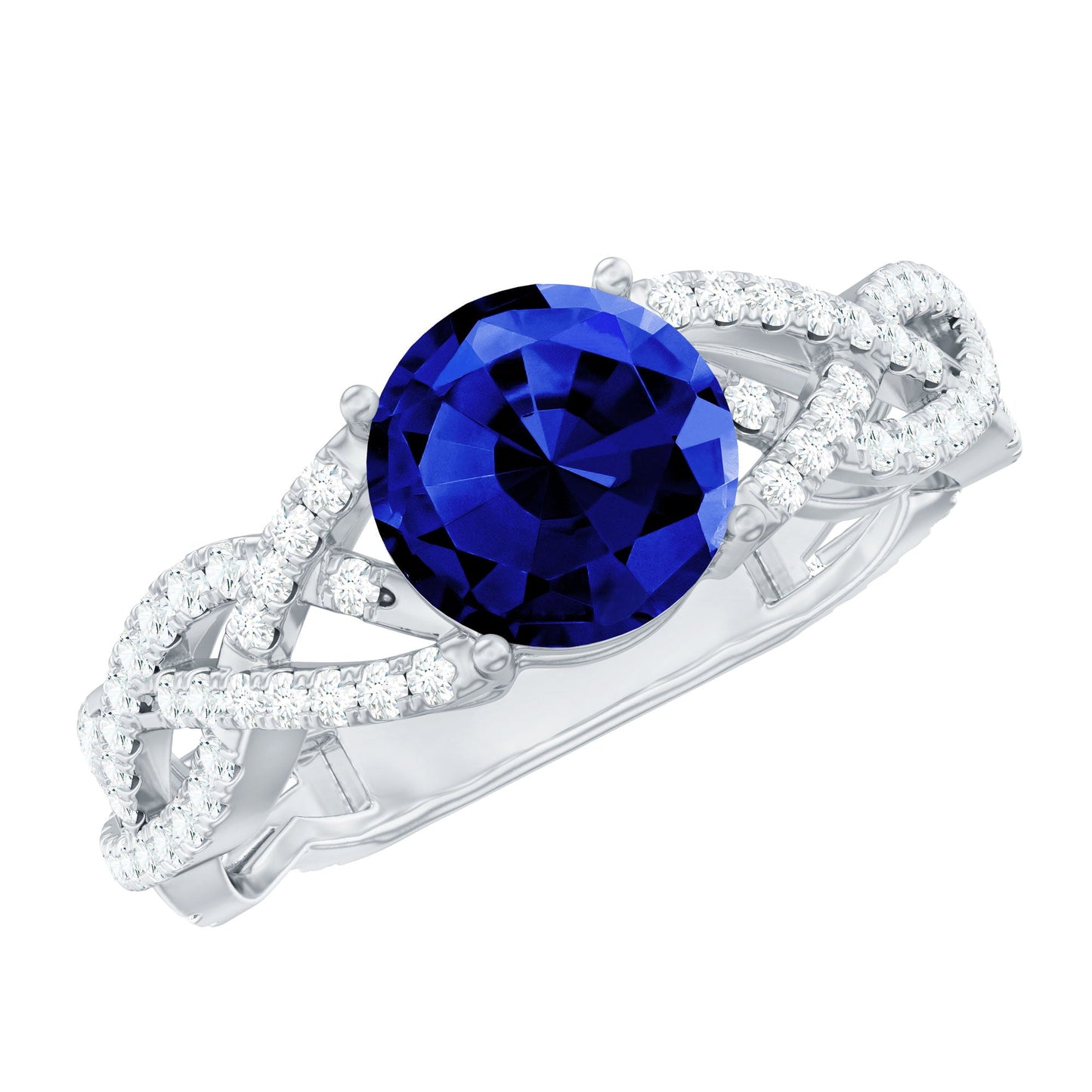 Designer 2.7 Carat Lab Grown Blue Sapphire Engagement Ring with Diamond Criss Cross Shank