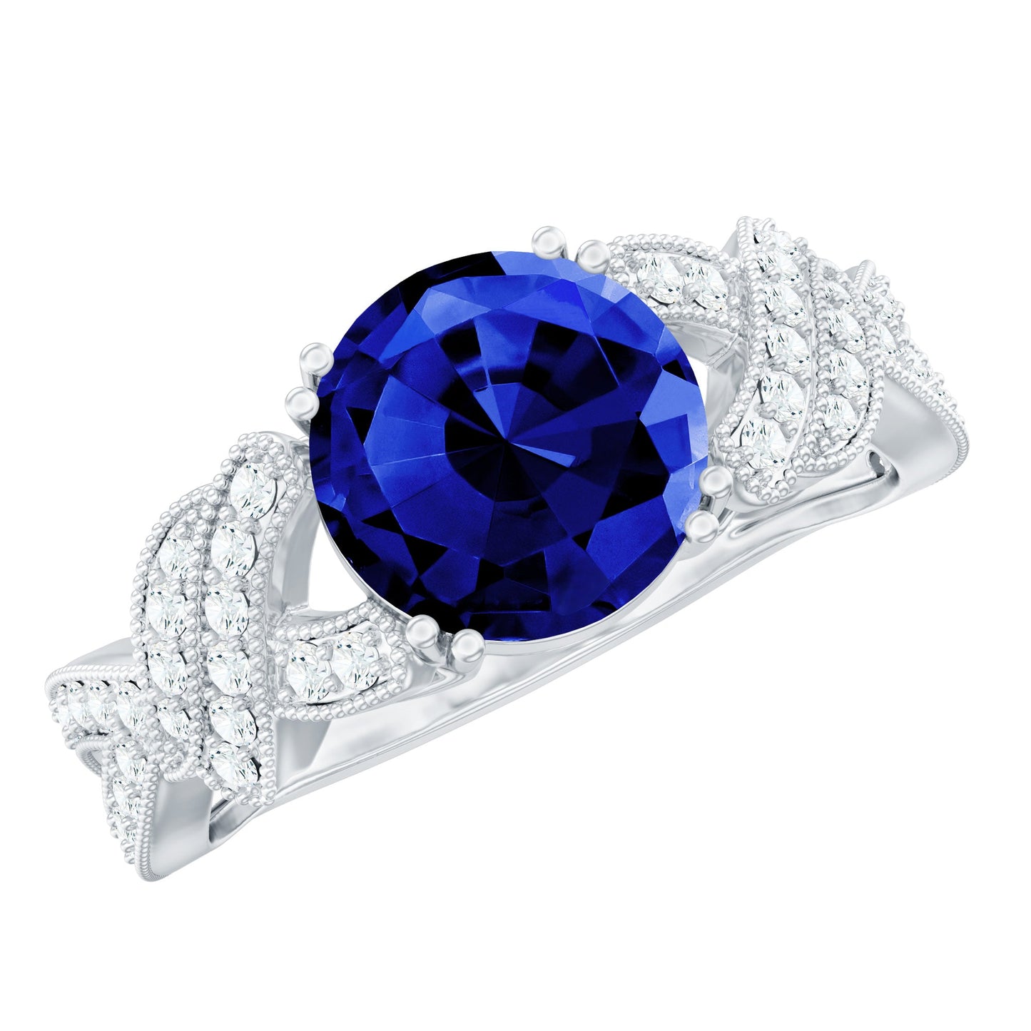 Designer 2.7 Carat Lab Grown Blue Sapphire Statement Engagement Ring with Diamond