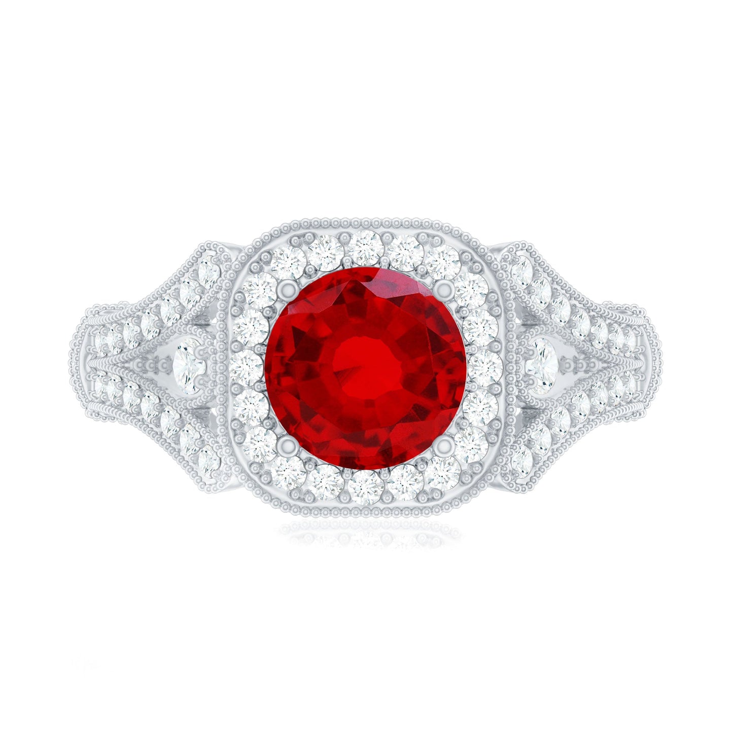 Antique Looking Lab Grown Ruby Engagement Ring with Diamond Halo