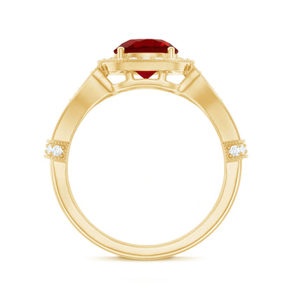 Antique Looking Lab Grown Ruby Engagement Ring with Diamond Halo