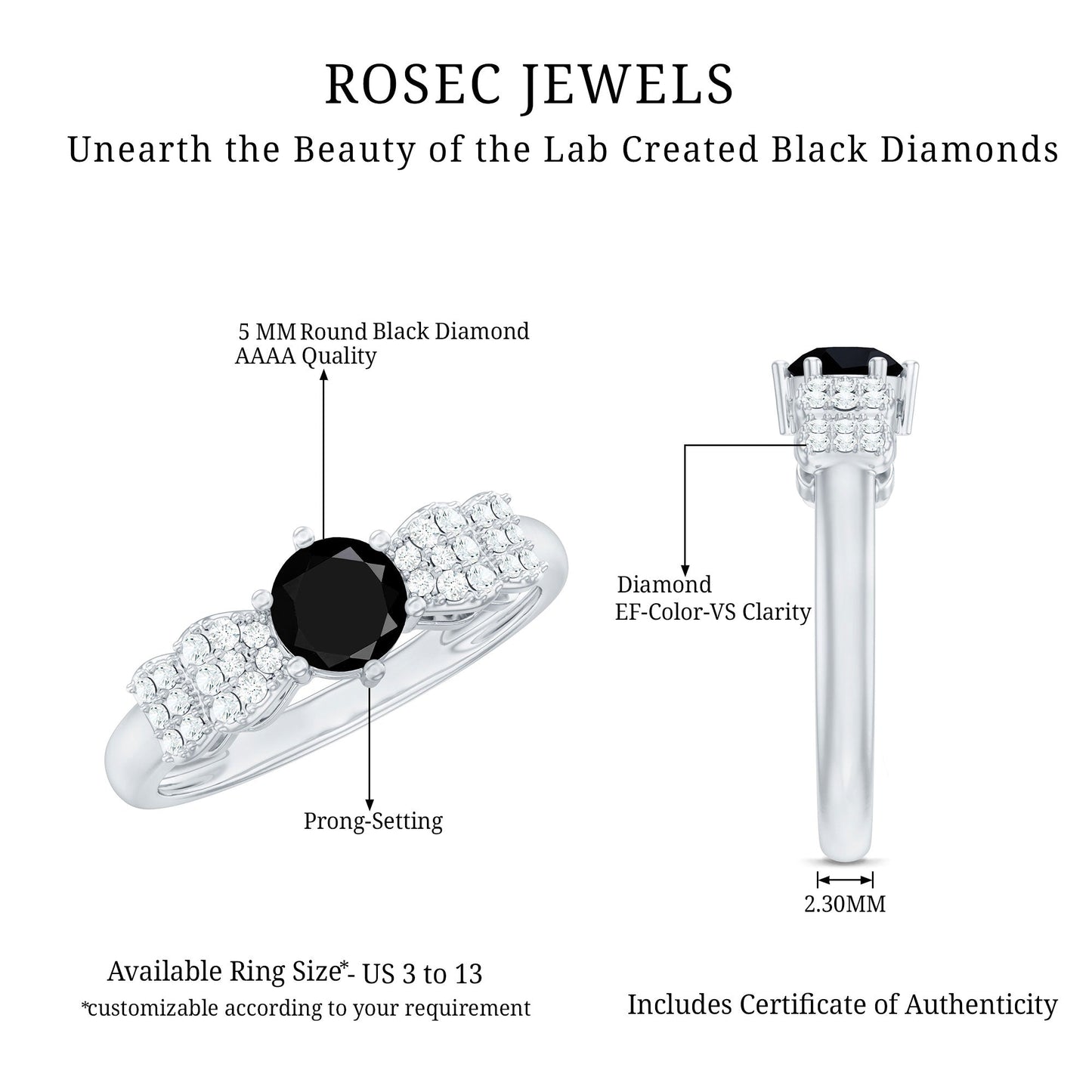 Certified 0.84 Carat Lab Grown Black Diamond Solitaire Engagement Ring with White Diamond