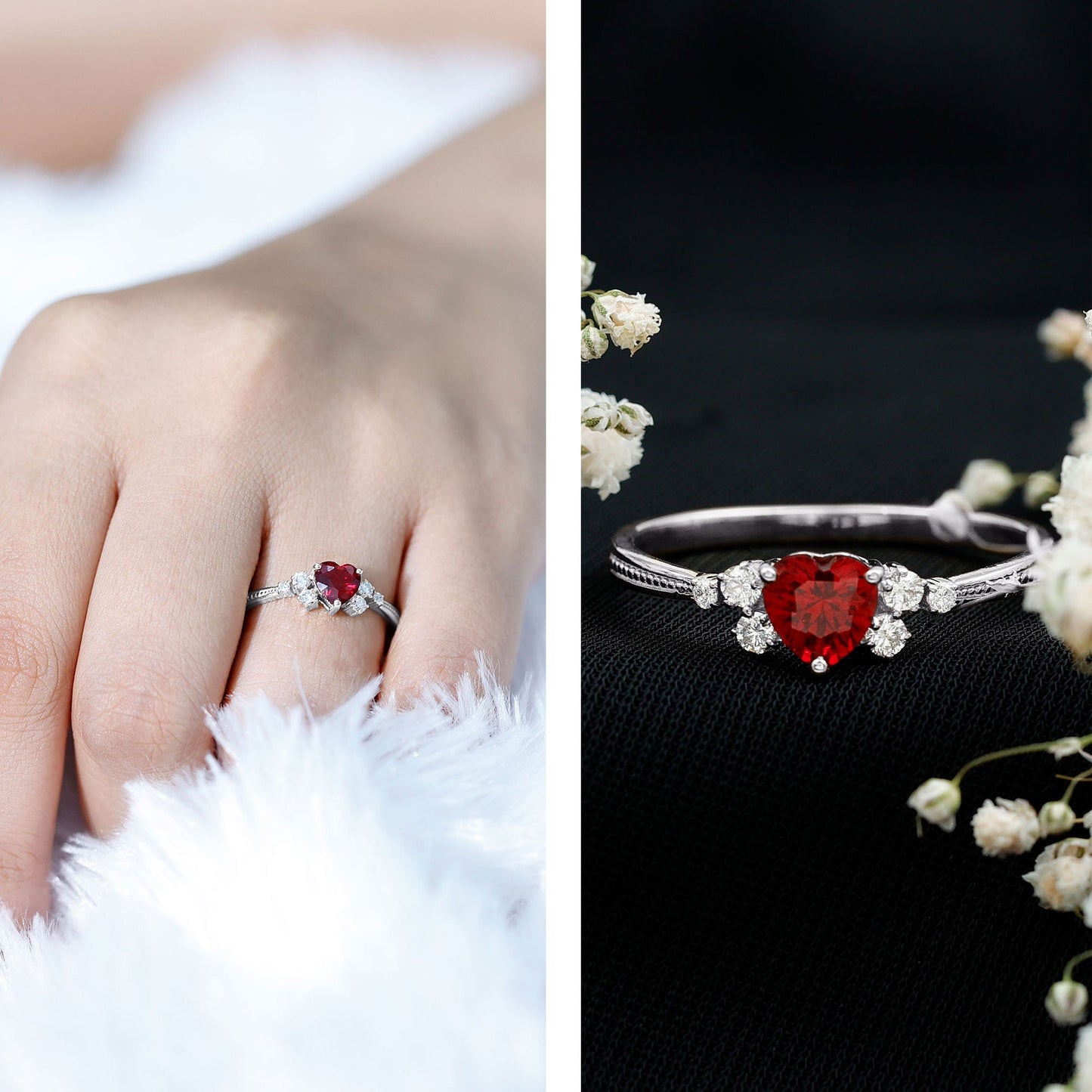 Lab Grown Ruby Heart Promise Ring with Diamond Accent