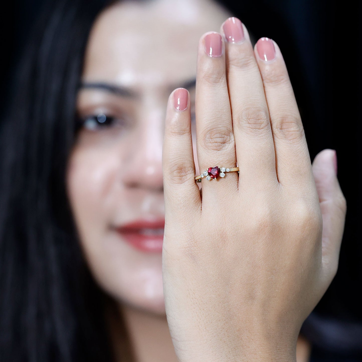 Lab Grown Ruby Heart Promise Ring with Diamond Accent