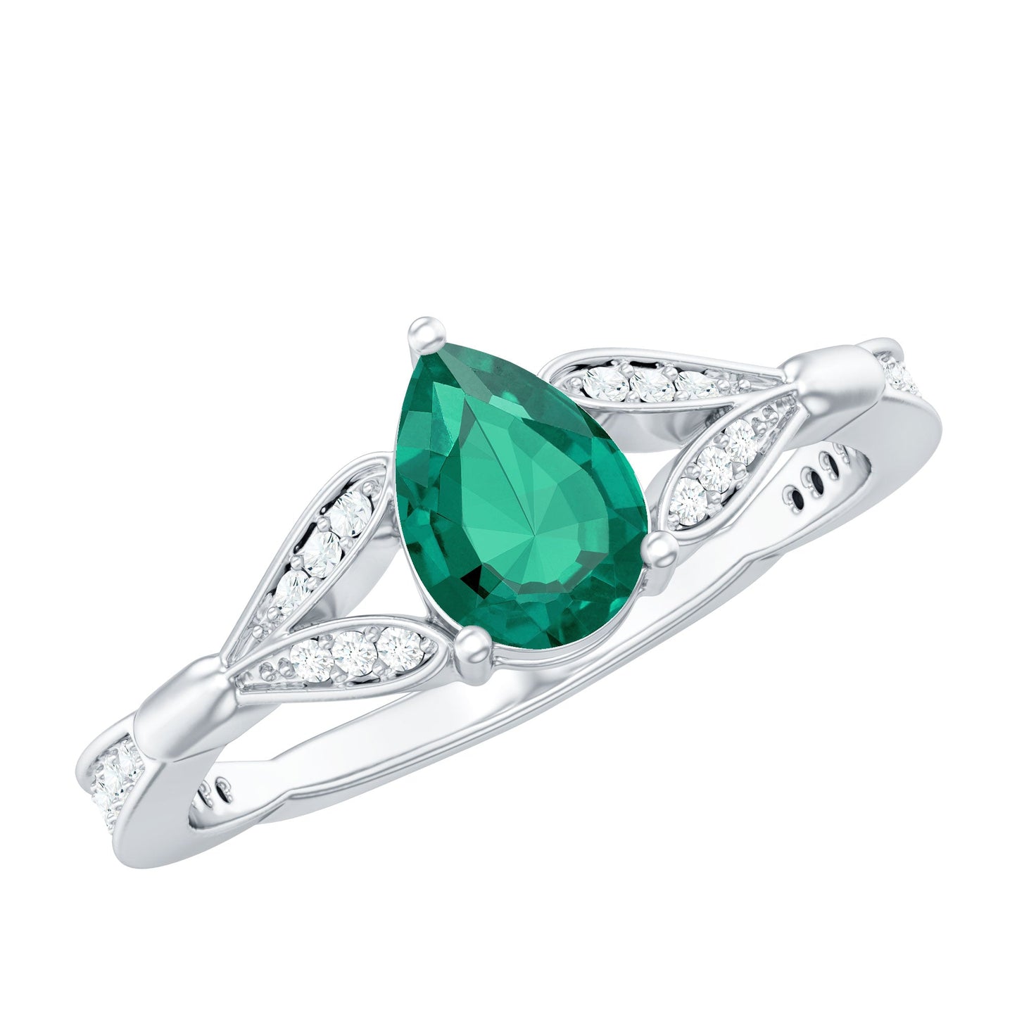 Pear Shape Lab Grown Emerald Teardrop Engagement Ring With Diamond