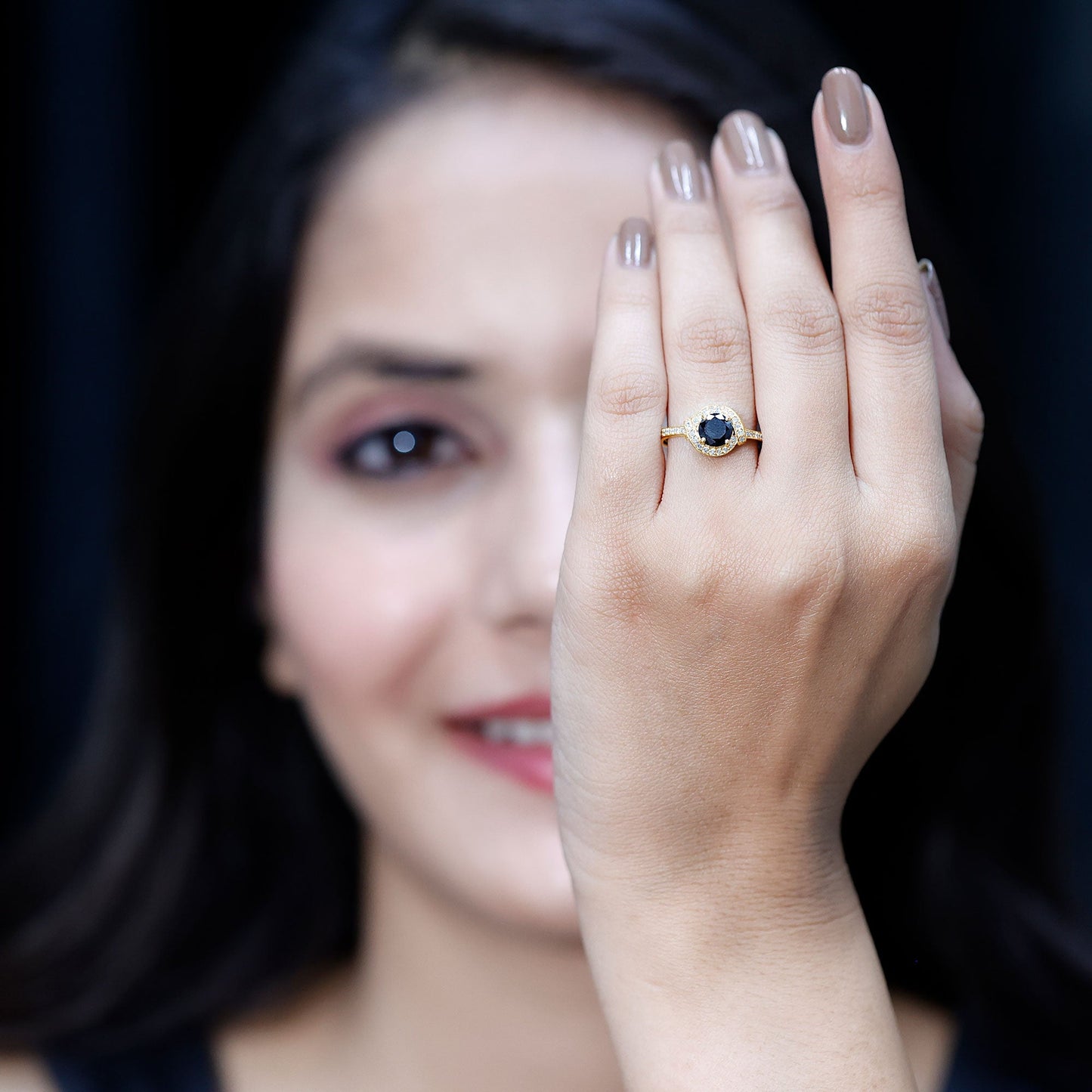 1.3 Carat Lab Grown Black Diamond Engagement Ring with White Diamond Halo