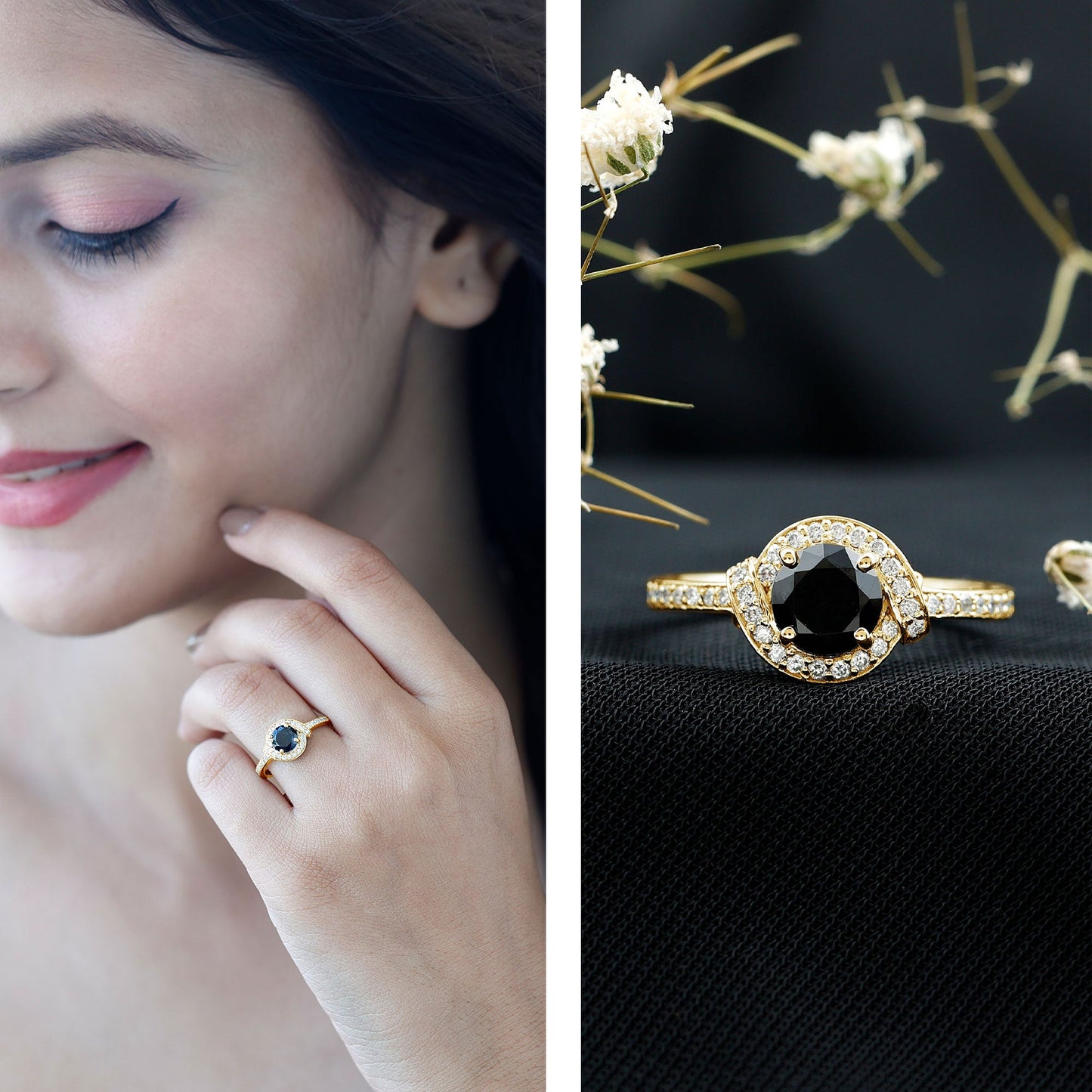 1.3 Carat Lab Grown Black Diamond Engagement Ring with White Diamond Halo
