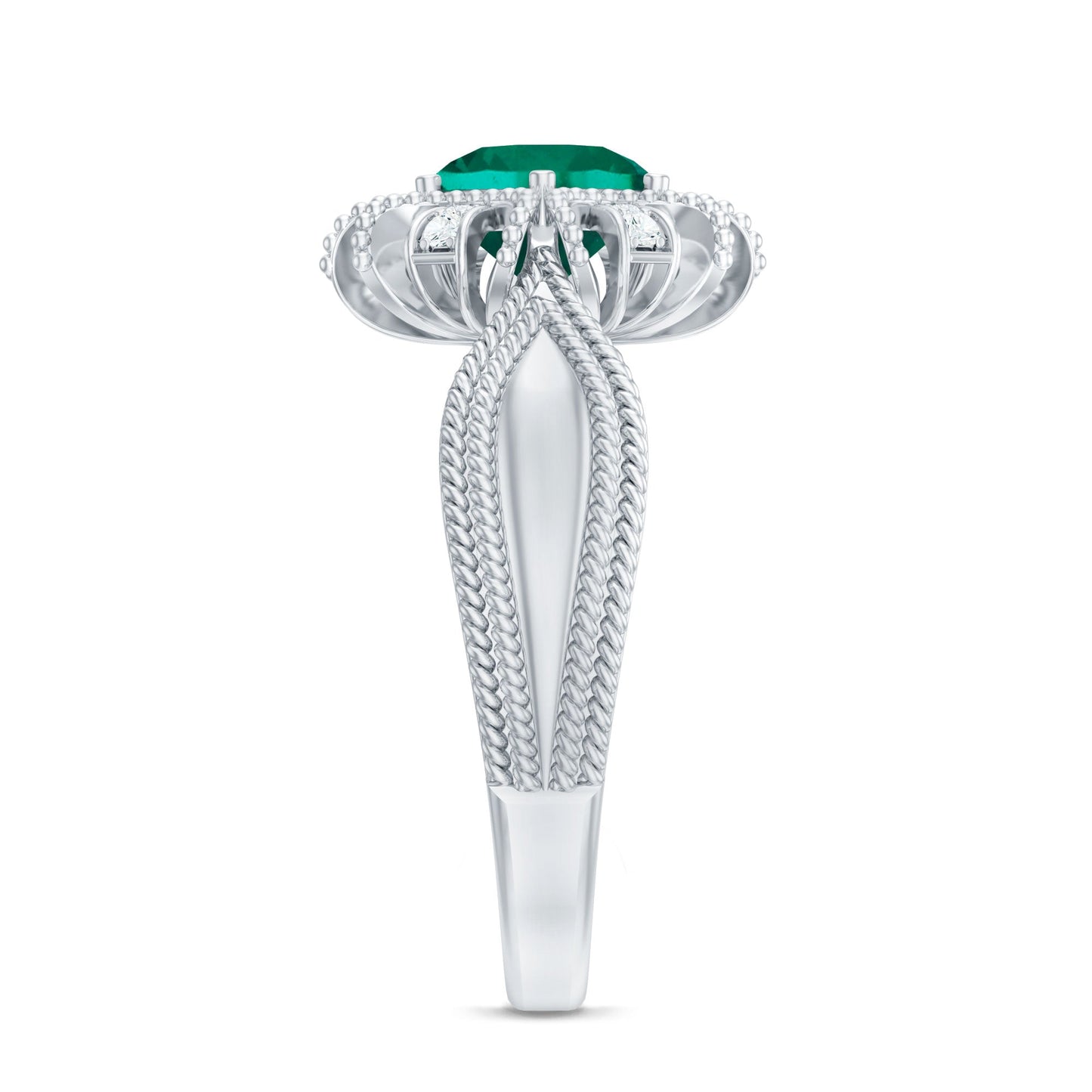 Lab Grown Emerald Vintage Style Flower Engagement Ring With Diamond