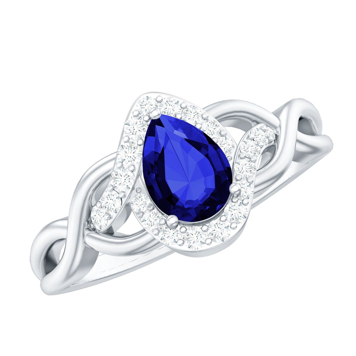 Certified 1.6 Carat Lab Grown Blue Sapphire Diamond Teardrop Engagement Ring with Crossover Shank