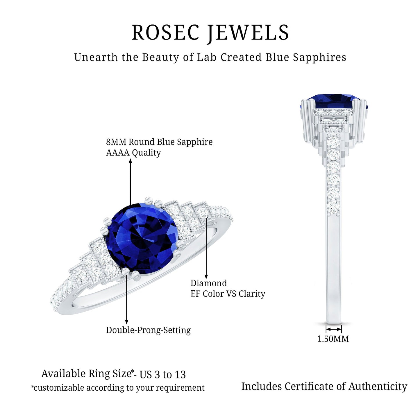Vintage Style 2.7 Carat Lab Grown Blue Sapphire Engagement Ring with Diamond Side Stone