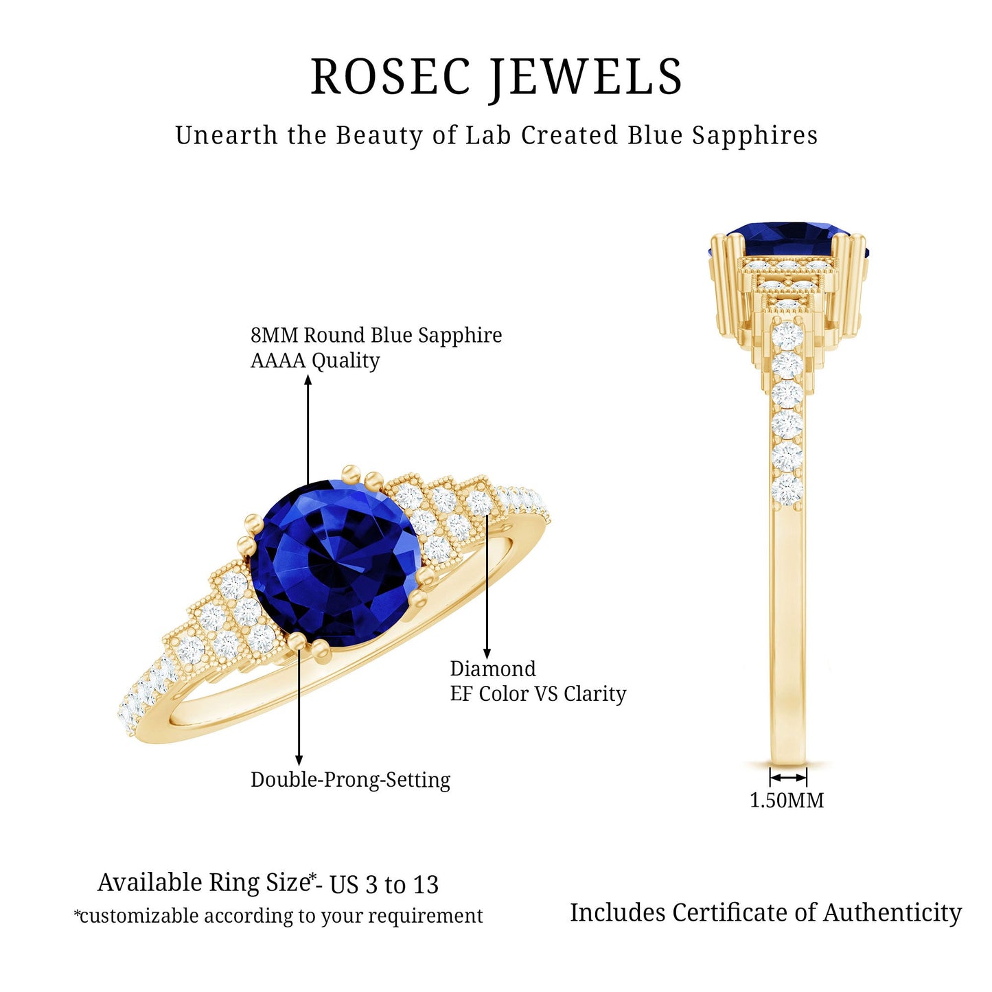 Vintage Style 2.7 Carat Lab Grown Blue Sapphire Engagement Ring with Diamond Side Stone