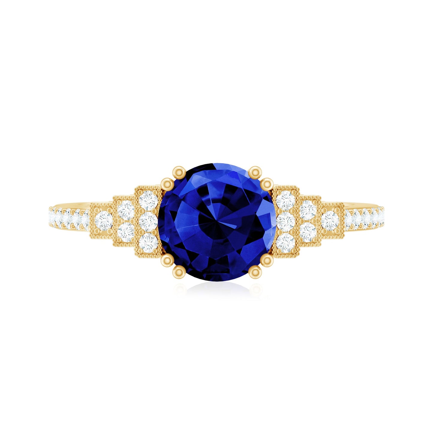 Vintage Style 2.7 Carat Lab Grown Blue Sapphire Engagement Ring with Diamond Side Stone
