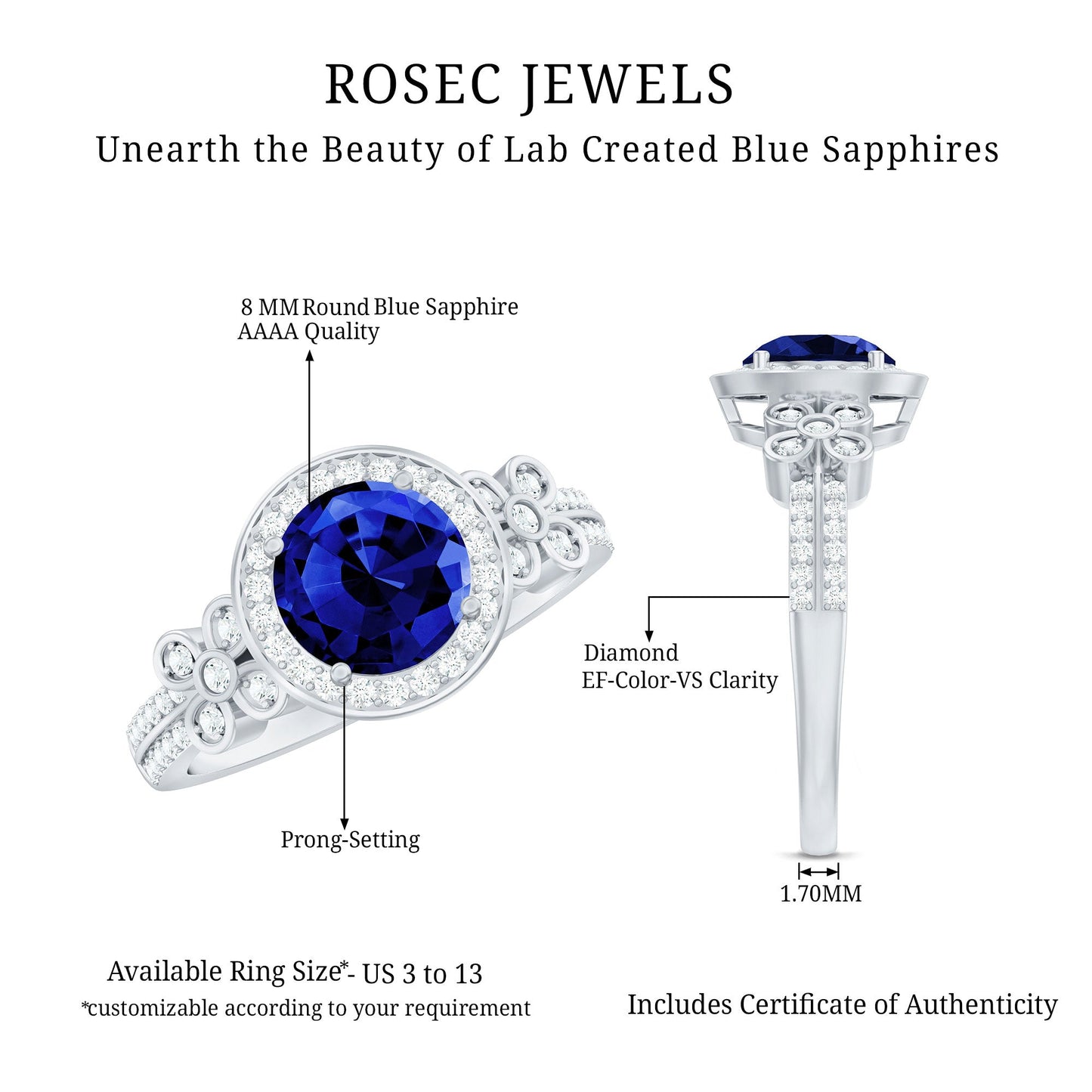 Certified 2.7 Carat Lab Grown Blue Sapphire Halo Engagement Ring with Diamond Flower