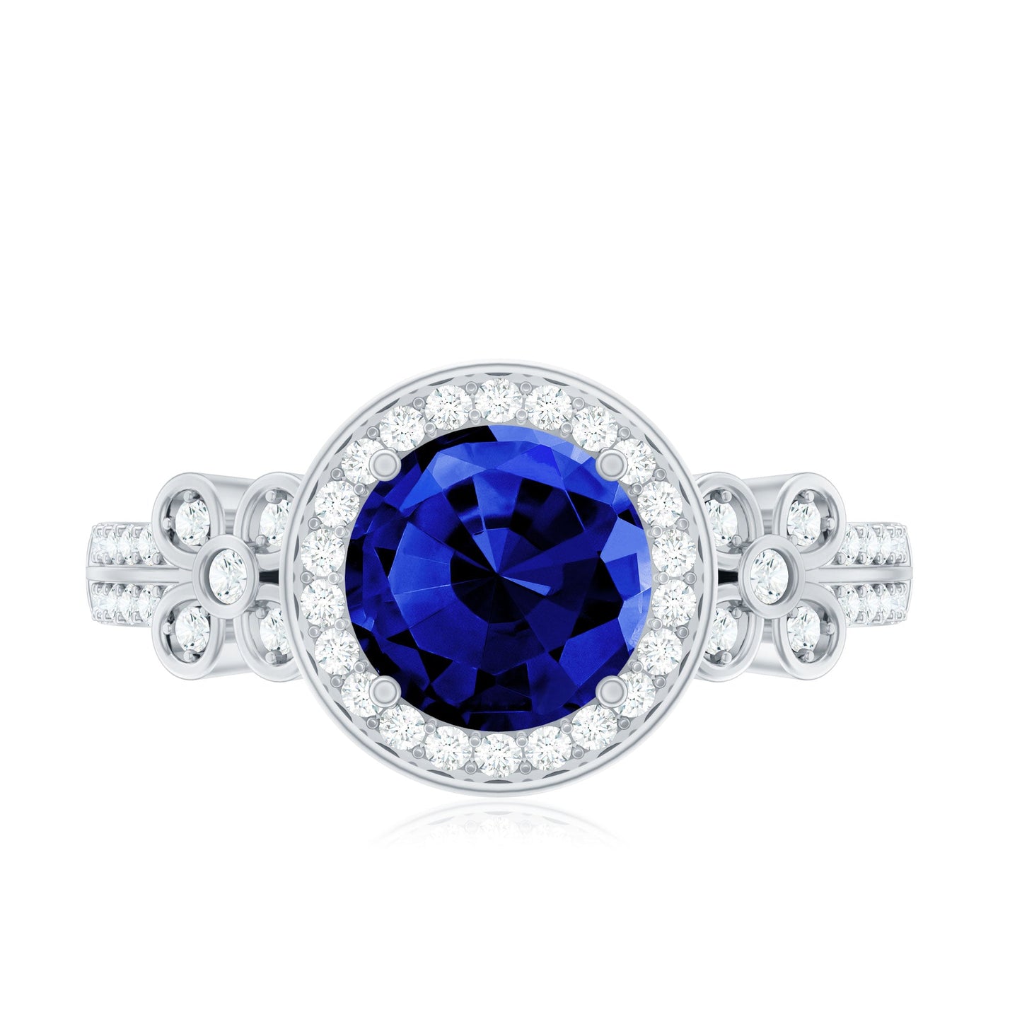 Certified 2.7 Carat Lab Grown Blue Sapphire Halo Engagement Ring with Diamond Flower