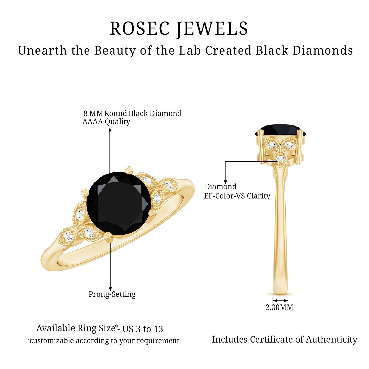 Certified 2 Carat Lab Grown Black Diamond Solitaire Engagement Ring with White Diamond