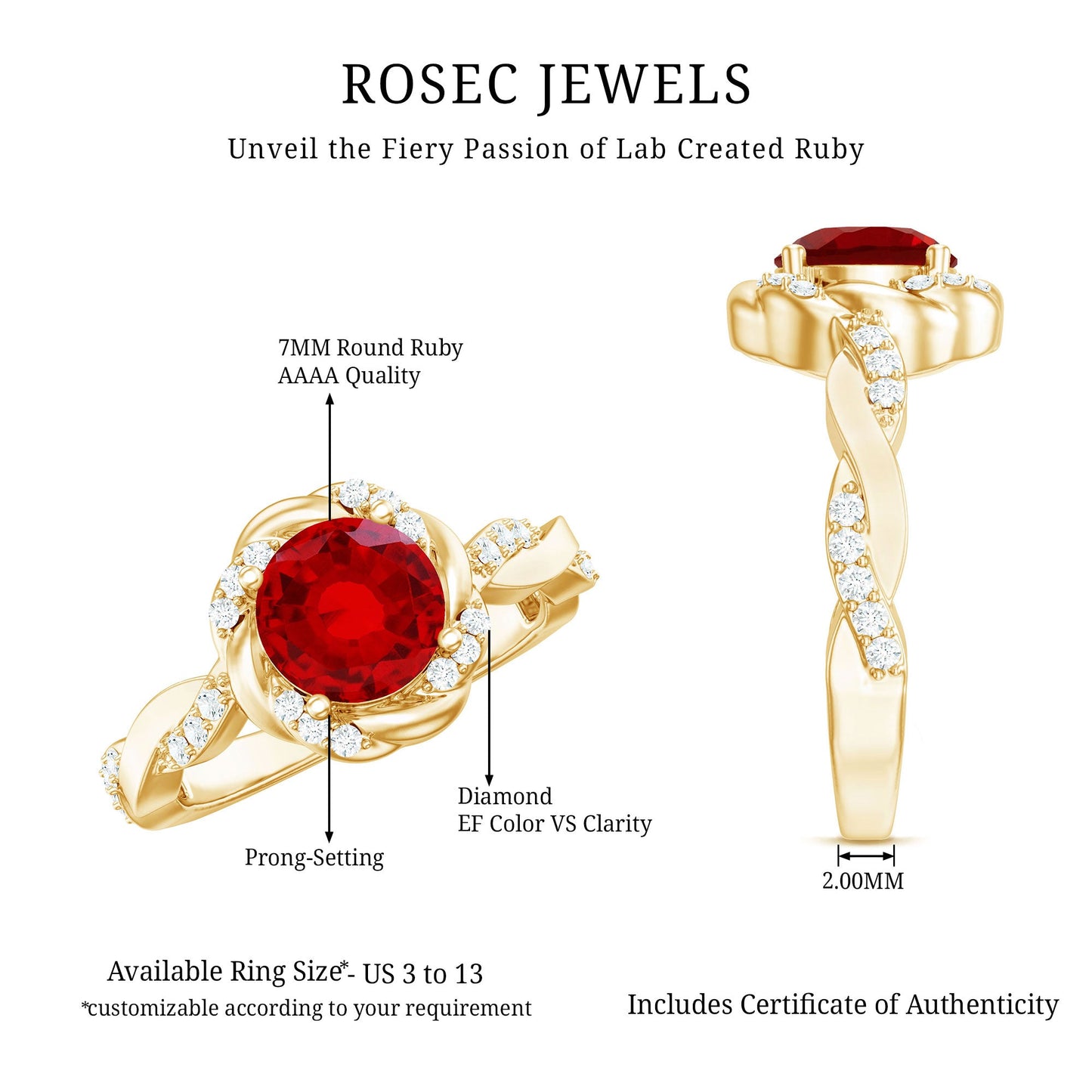 Lab Grown Ruby and Diamond Engagement Ring with Twisted Rope Design