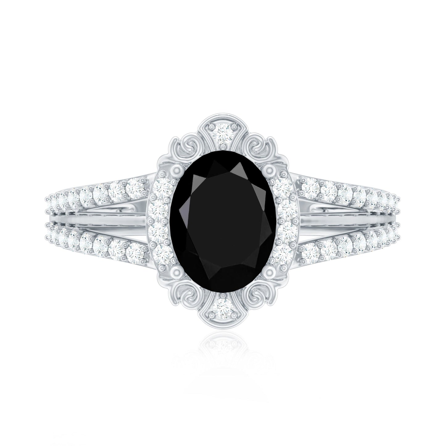 Vintage Style 1.9 Carat Lab Grown Black Diamond Oval Engagement Ring with Diamond Halo