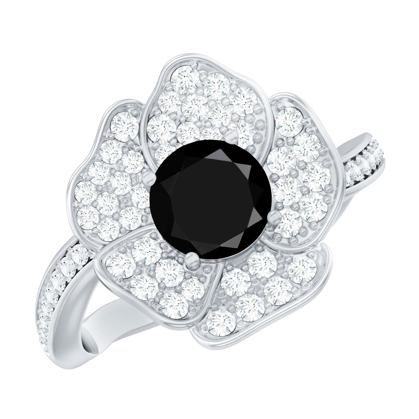 1.3 Carat Lab Grown Black Diamond Flower Engagement Ring with White Diamond