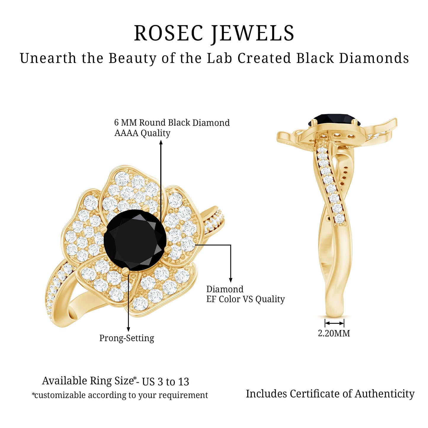 1.3 Carat Lab Grown Black Diamond Flower Engagement Ring with White Diamond