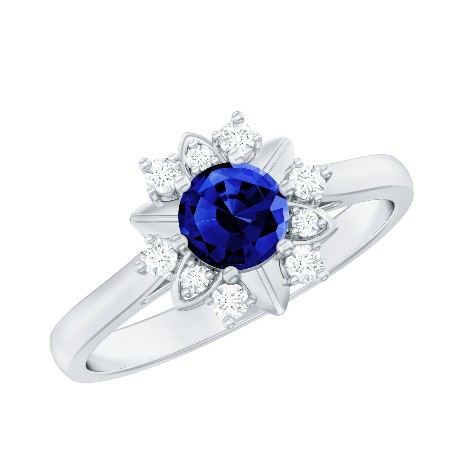 Certified 0.6 Carat Lab Grown Blue Sapphire Flower Engagement Ring with Diamond