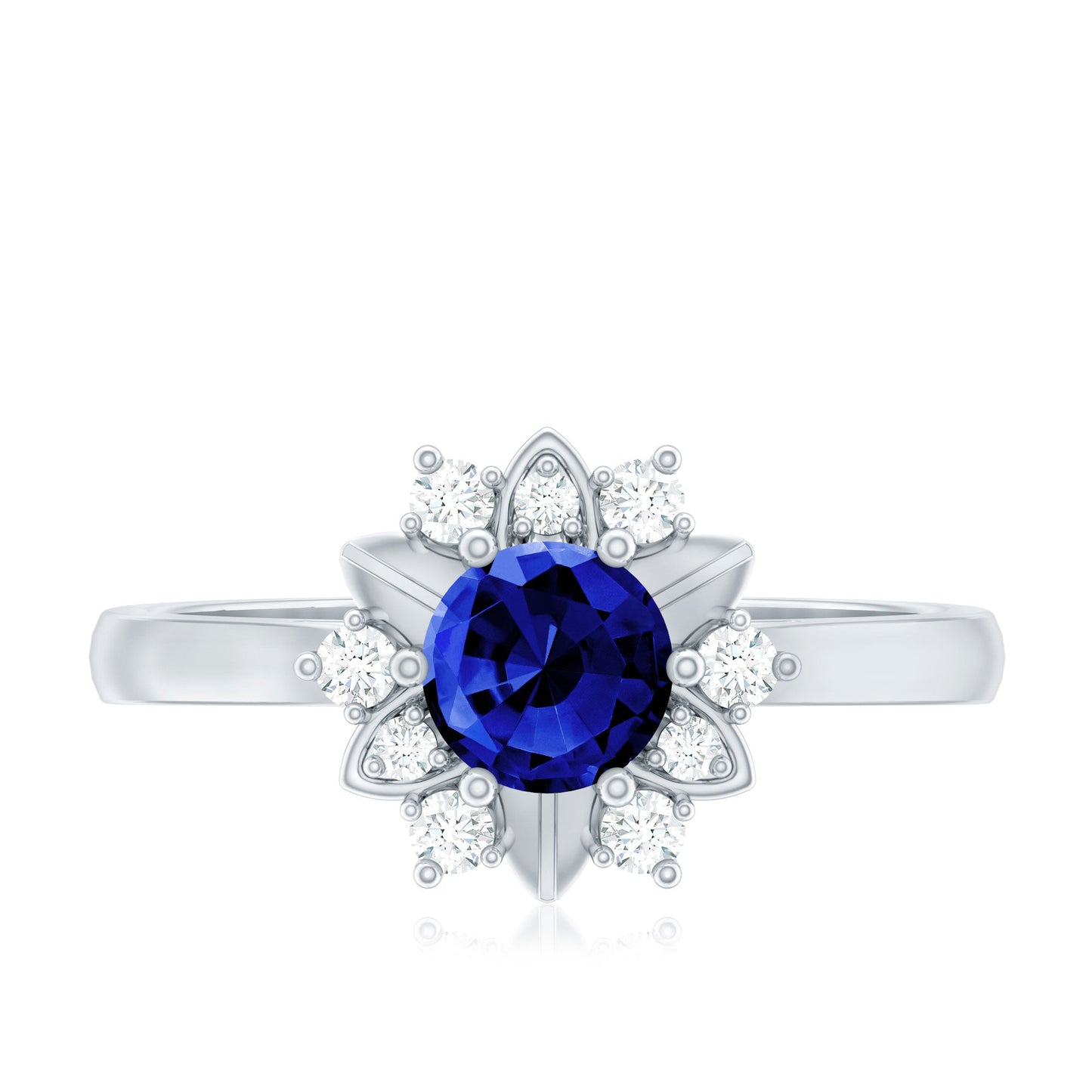 Certified 0.6 Carat Lab Grown Blue Sapphire Flower Engagement Ring with Diamond
