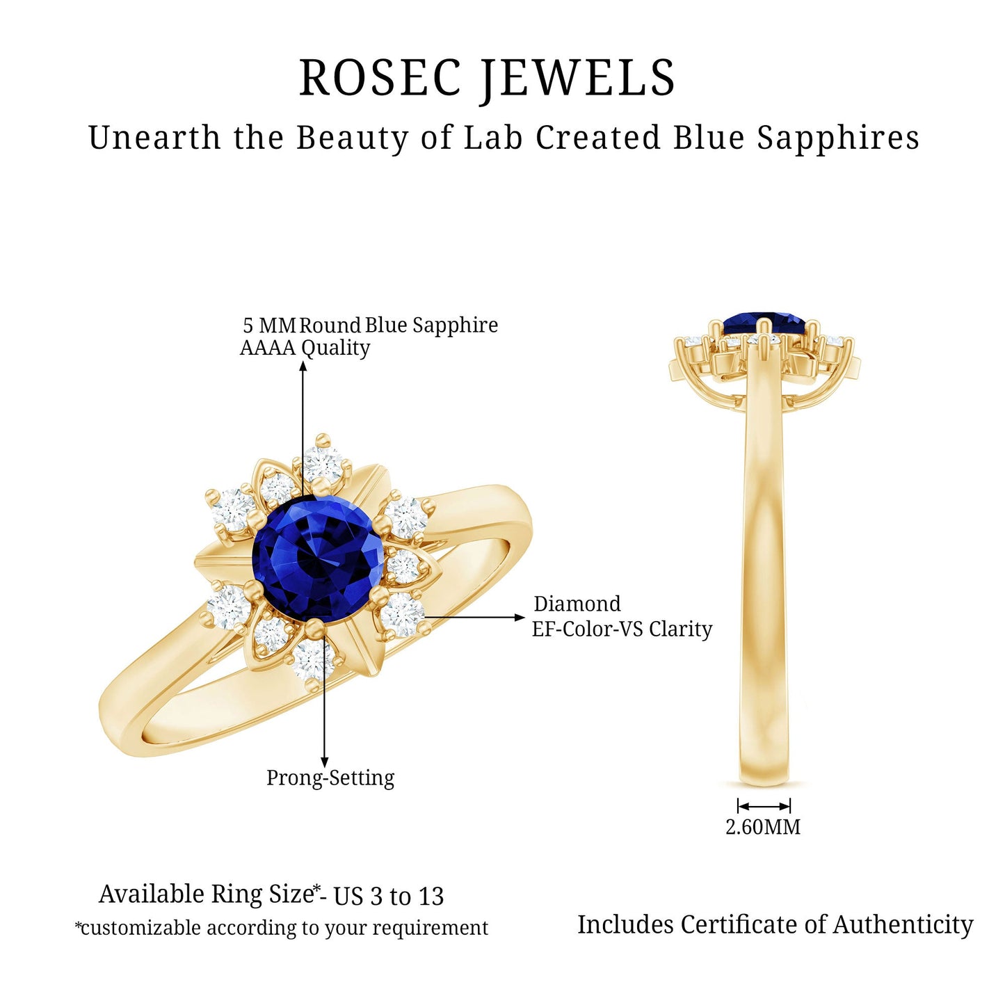 Certified 0.6 Carat Lab Grown Blue Sapphire Flower Engagement Ring with Diamond