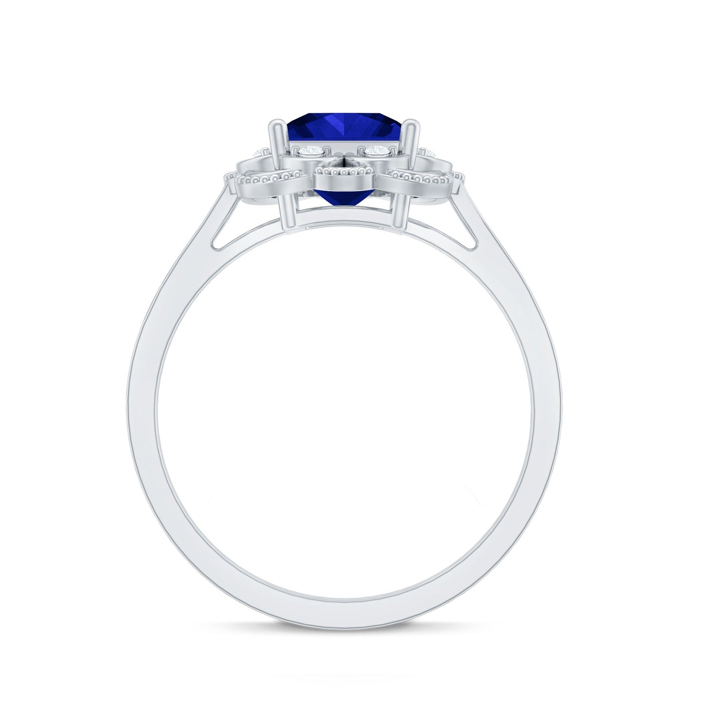 Art Deco 1.5 Carat Lab Grown Blue Sapphire Princess Cut Engagement Ring with Diamond