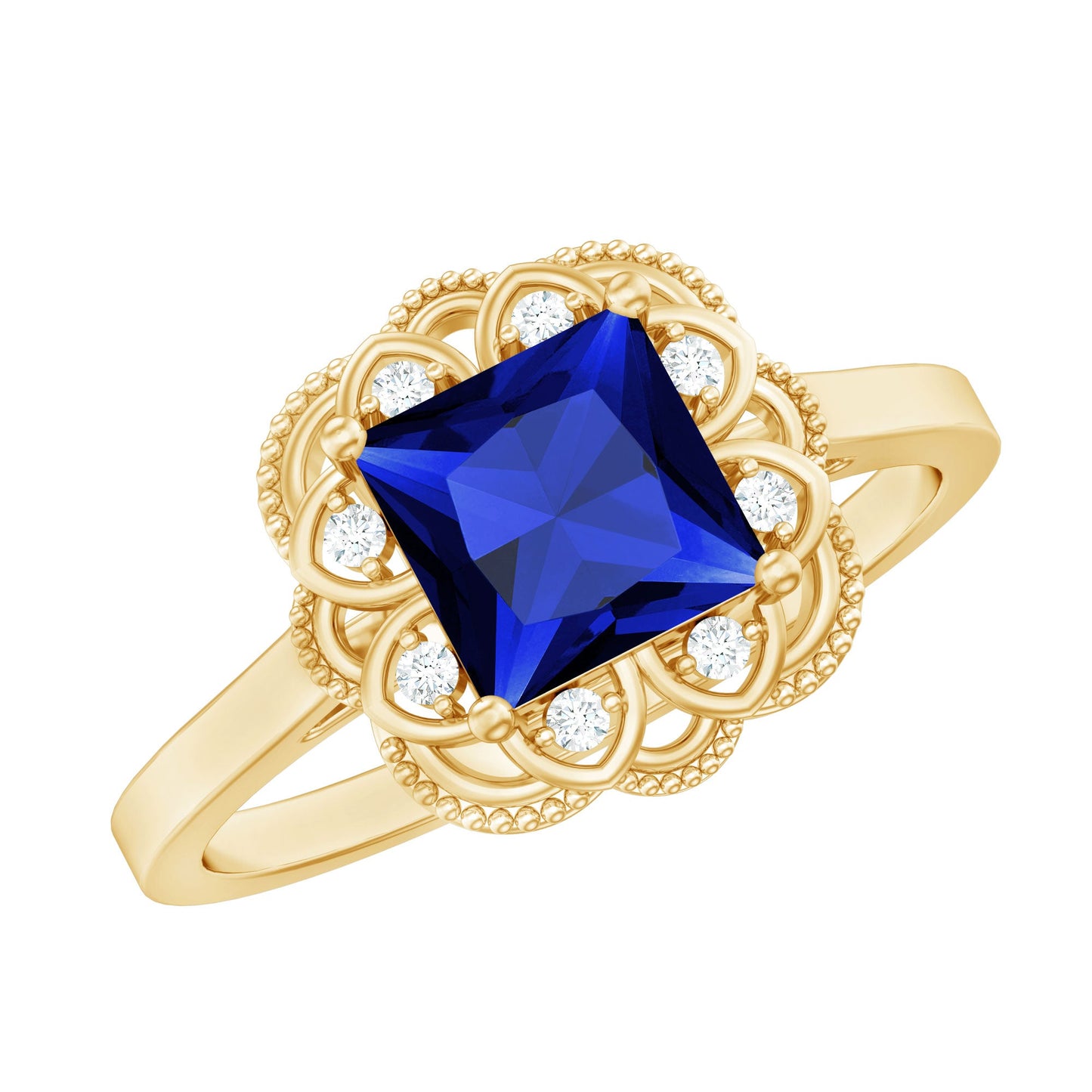 Art Deco 1.5 Carat Lab Grown Blue Sapphire Princess Cut Engagement Ring with Diamond