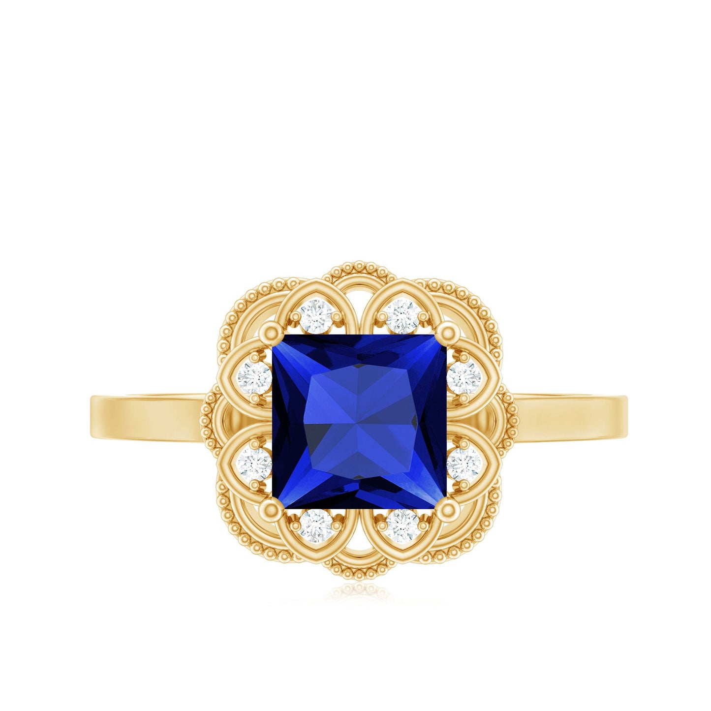 Art Deco 1.5 Carat Lab Grown Blue Sapphire Princess Cut Engagement Ring with Diamond